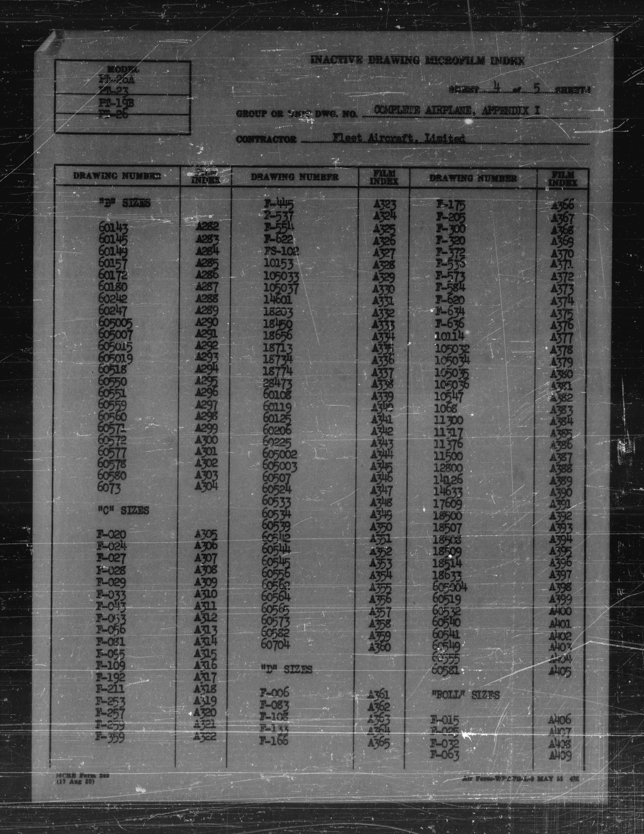 Sample page 6 from AirCorps Library document: Index of Drawings on Microfilm for PT-19B, PT-23, PT-26, and PT-26A