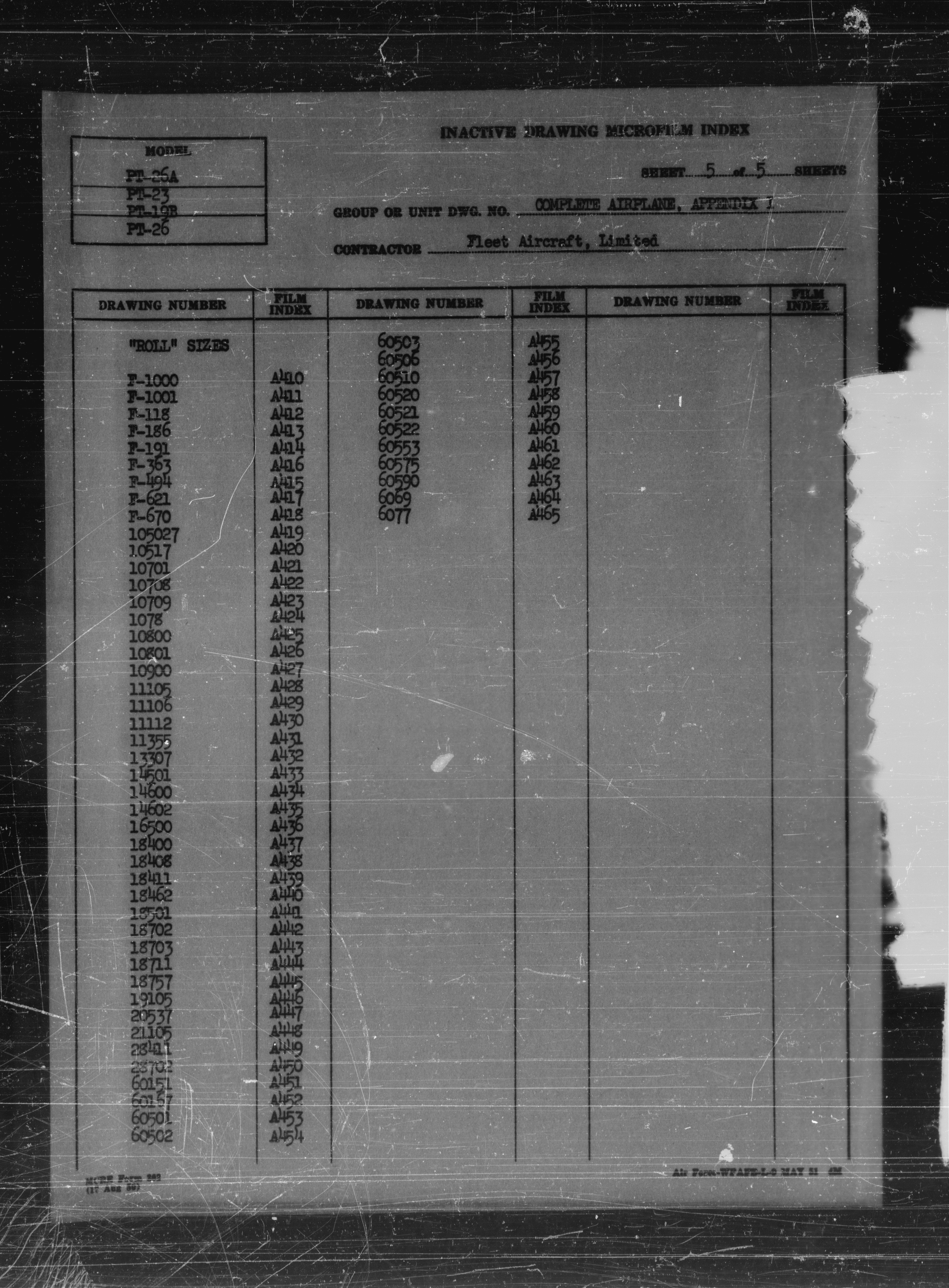 Sample page 7 from AirCorps Library document: Index of Drawings on Microfilm for PT-19B, PT-23, PT-26, and PT-26A