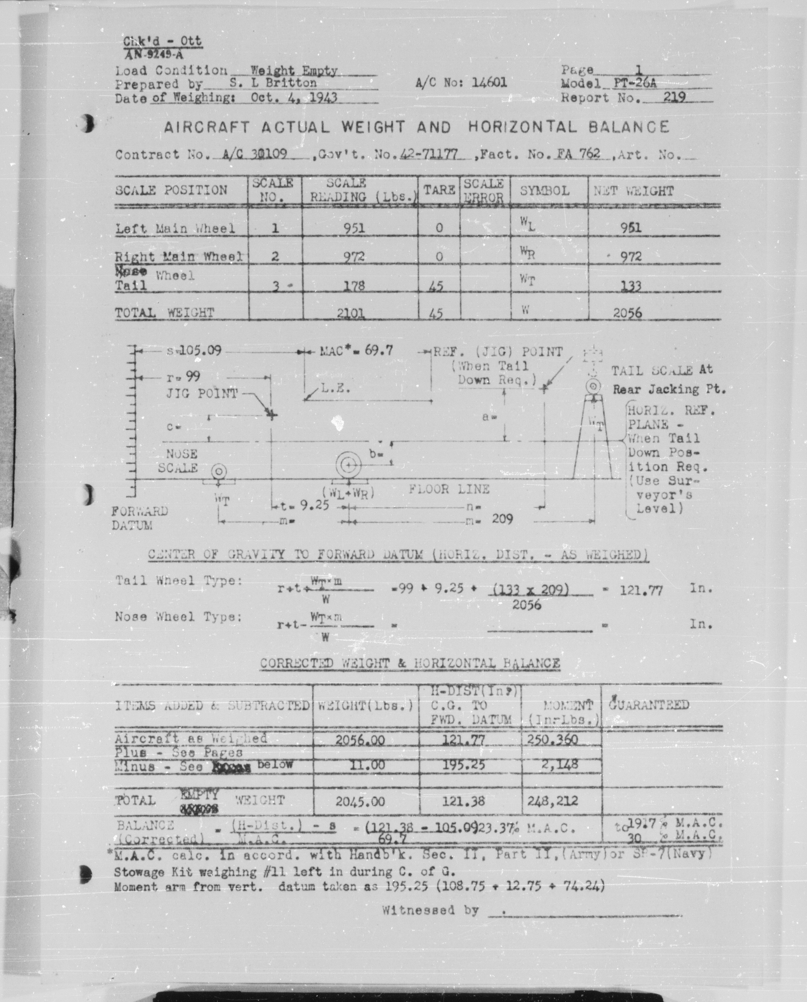 Sample page 3 from AirCorps Library document: Actual Weight and Balance Report for Model PT-26A
