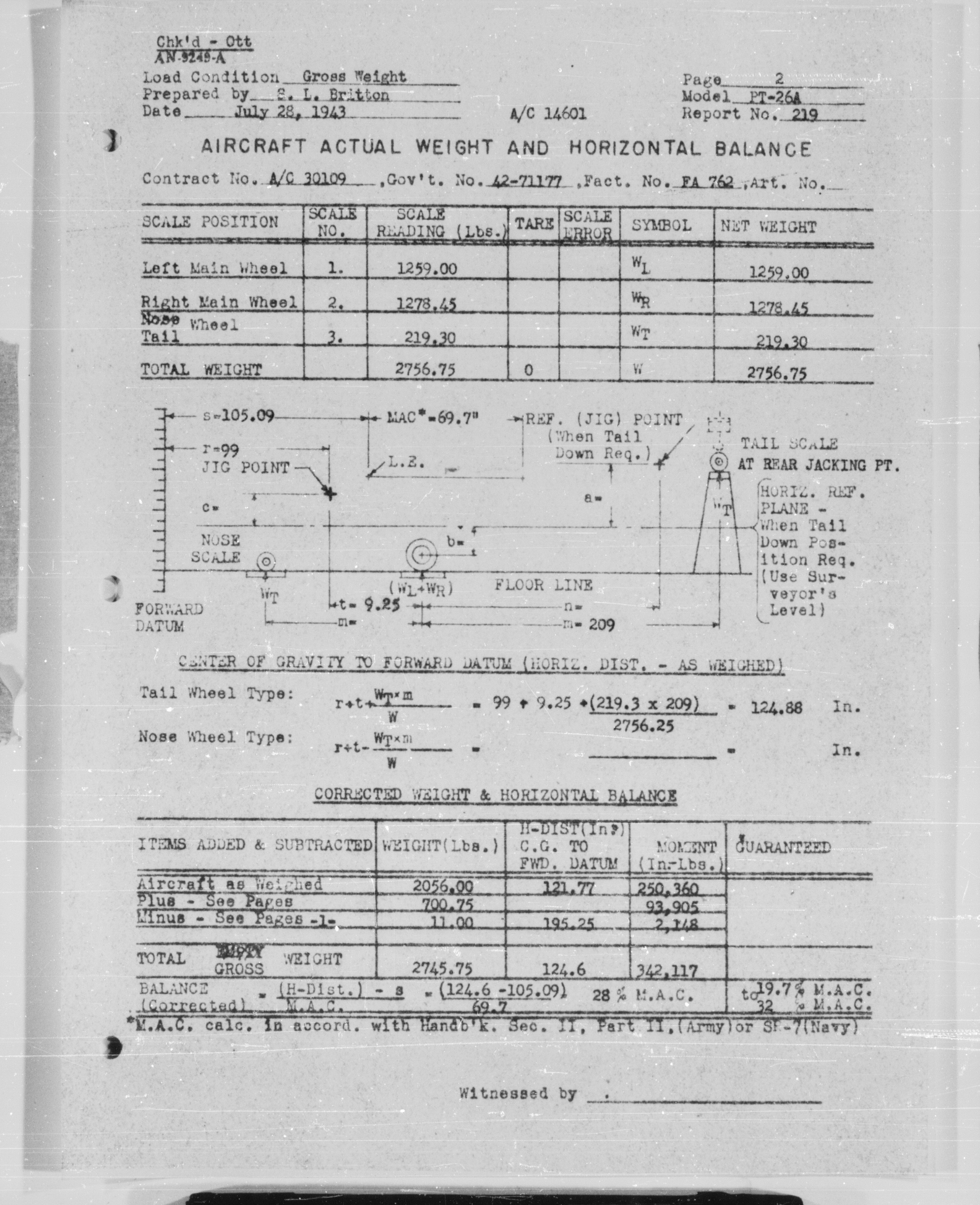 Sample page 4 from AirCorps Library document: Actual Weight and Balance Report for Model PT-26A