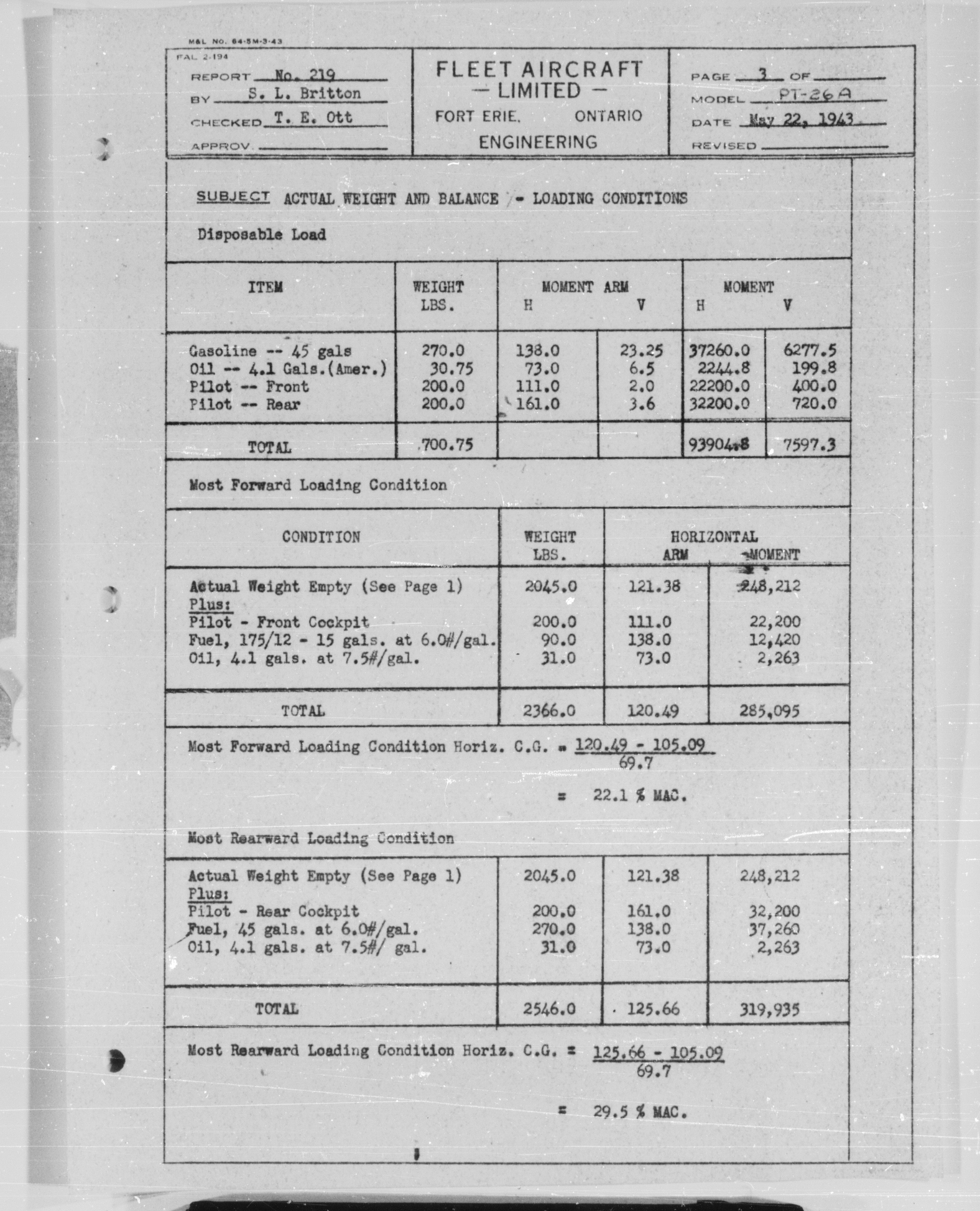 Sample page 5 from AirCorps Library document: Actual Weight and Balance Report for Model PT-26A