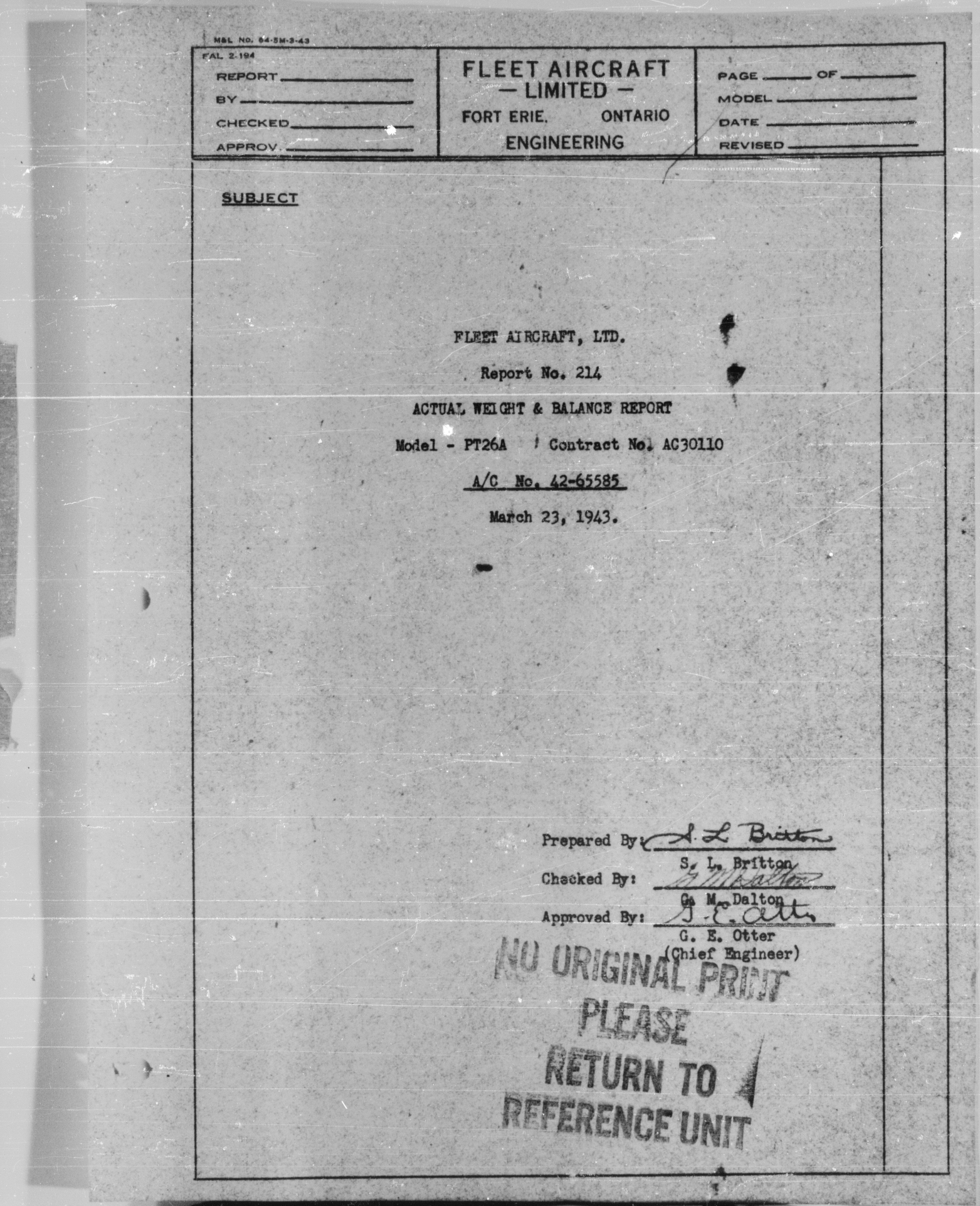 Sample page 1 from AirCorps Library document: Actual Weight and Balance Report for Model PT-26A