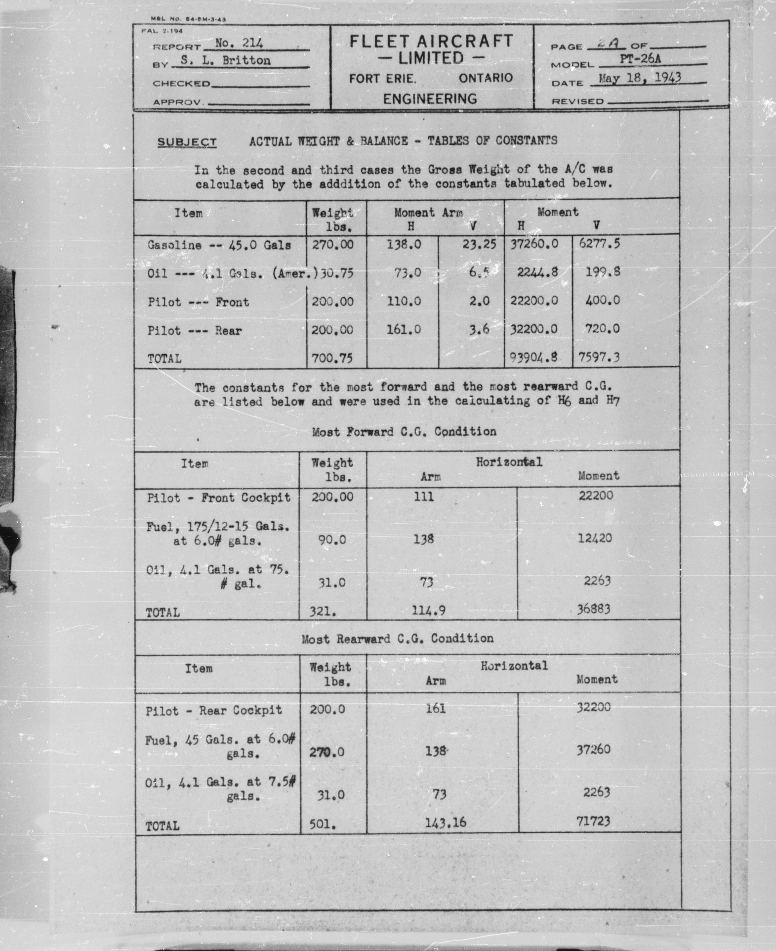 Sample page 5 from AirCorps Library document: Actual Weight and Balance Report for Model PT-26A