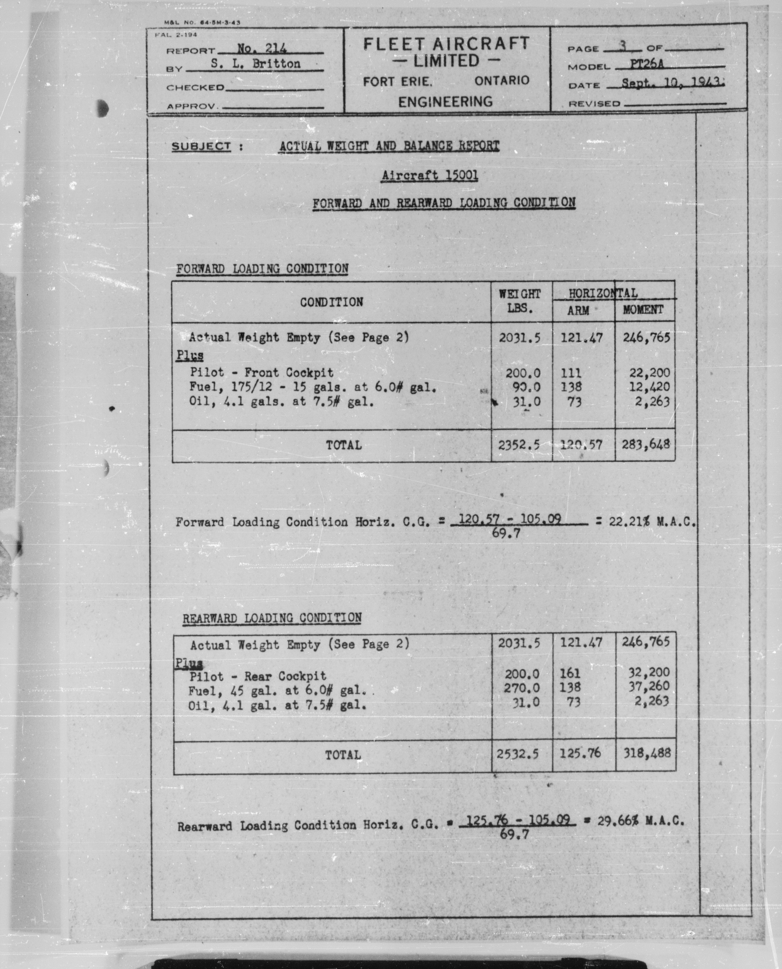 Sample page 6 from AirCorps Library document: Actual Weight and Balance Report for Model PT-26A