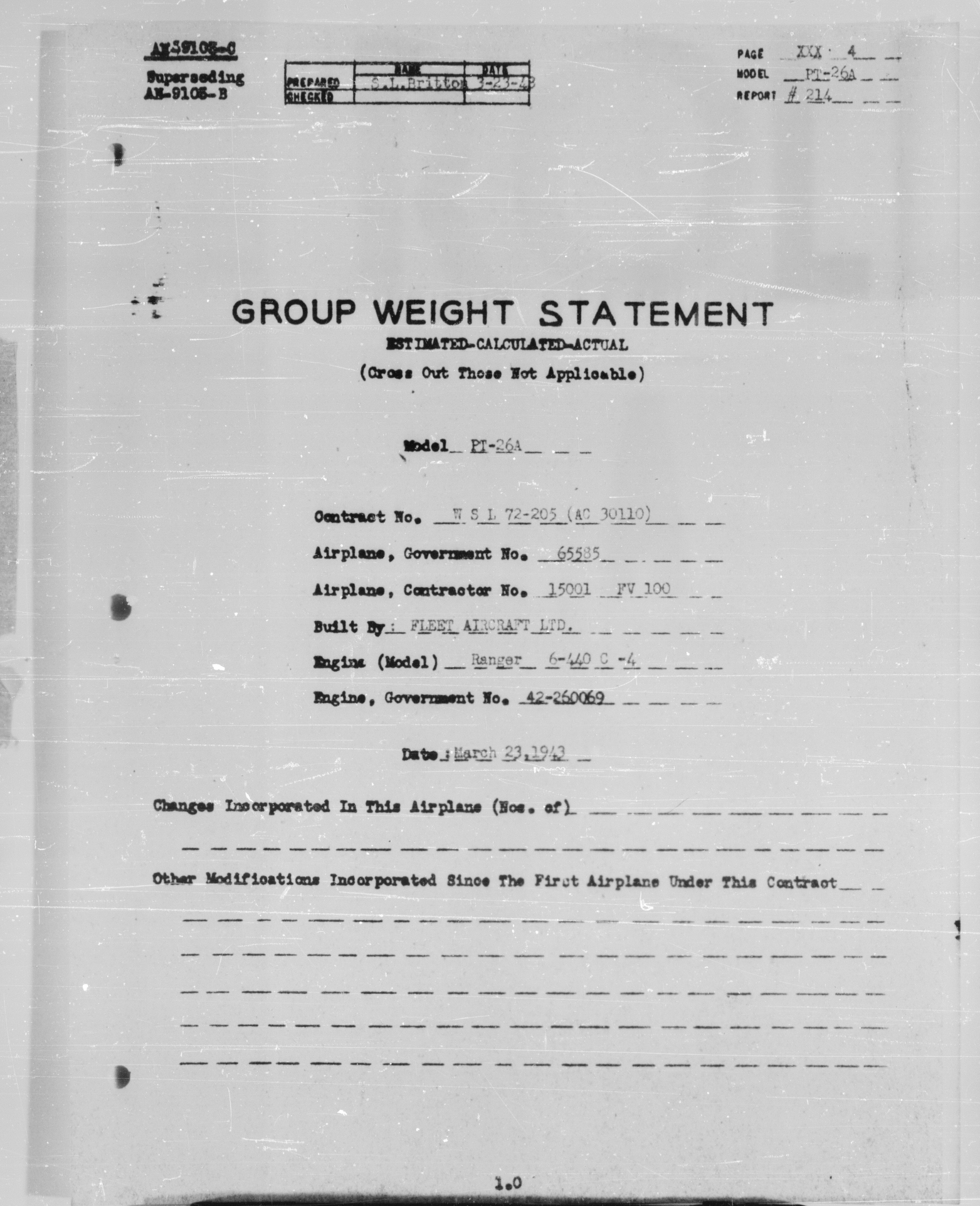 Sample page 7 from AirCorps Library document: Actual Weight and Balance Report for Model PT-26A