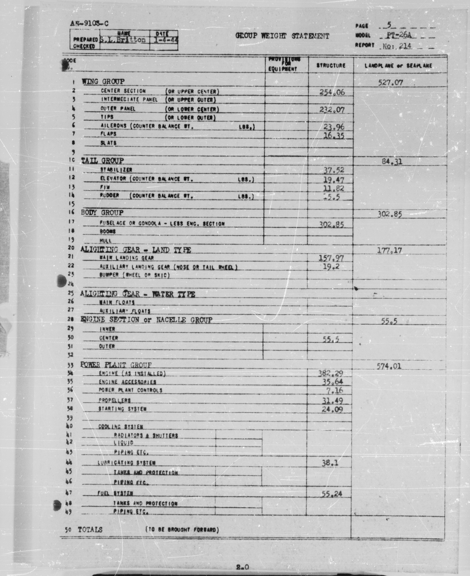Sample page 8 from AirCorps Library document: Actual Weight and Balance Report for Model PT-26A