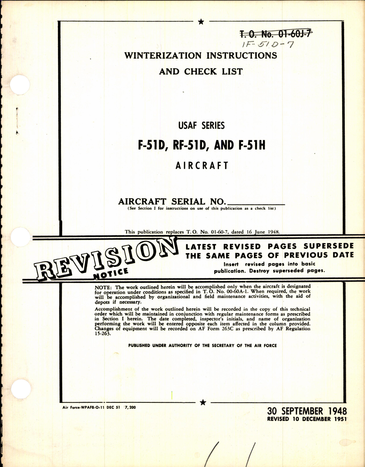 Sample page 1 from AirCorps Library document: Winterization Instructions and Check List for F-51