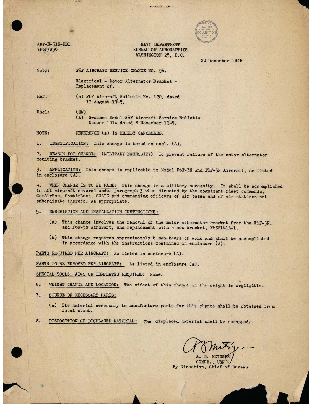 Sample page 1 from AirCorps Library document: Aircraft Service Changes - Navy Department Bureau of Aeronautics