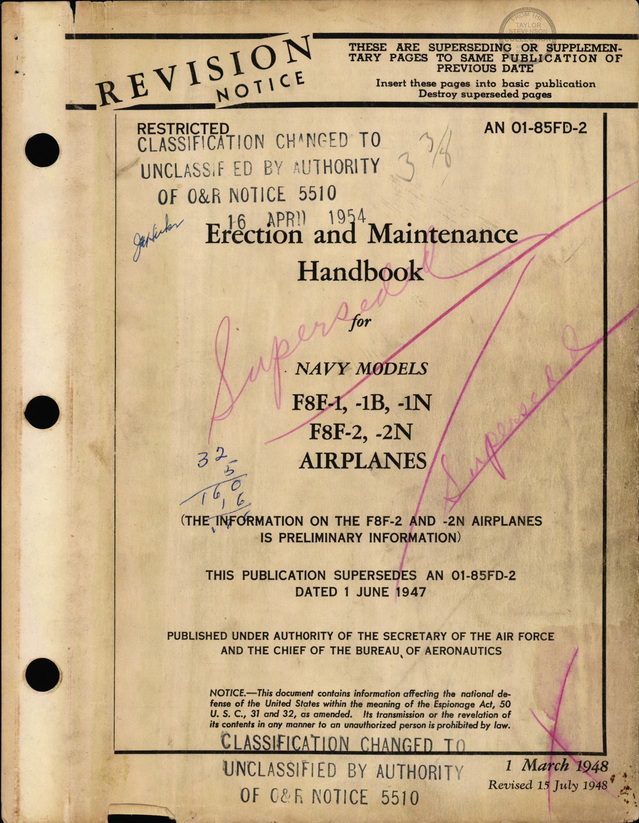 Sample page 1 from AirCorps Library document: Erection & Maintenance - F8F 