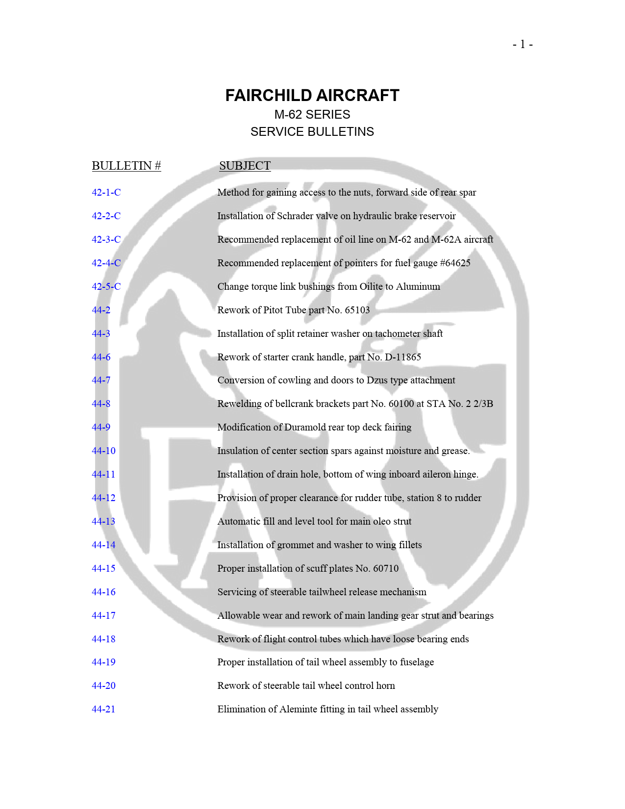 Sample page 1 from AirCorps Library document: M-62 Series Service Bulletins