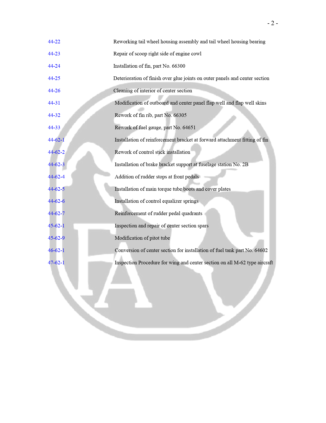 Sample page 2 from AirCorps Library document: M-62 Series Service Bulletins