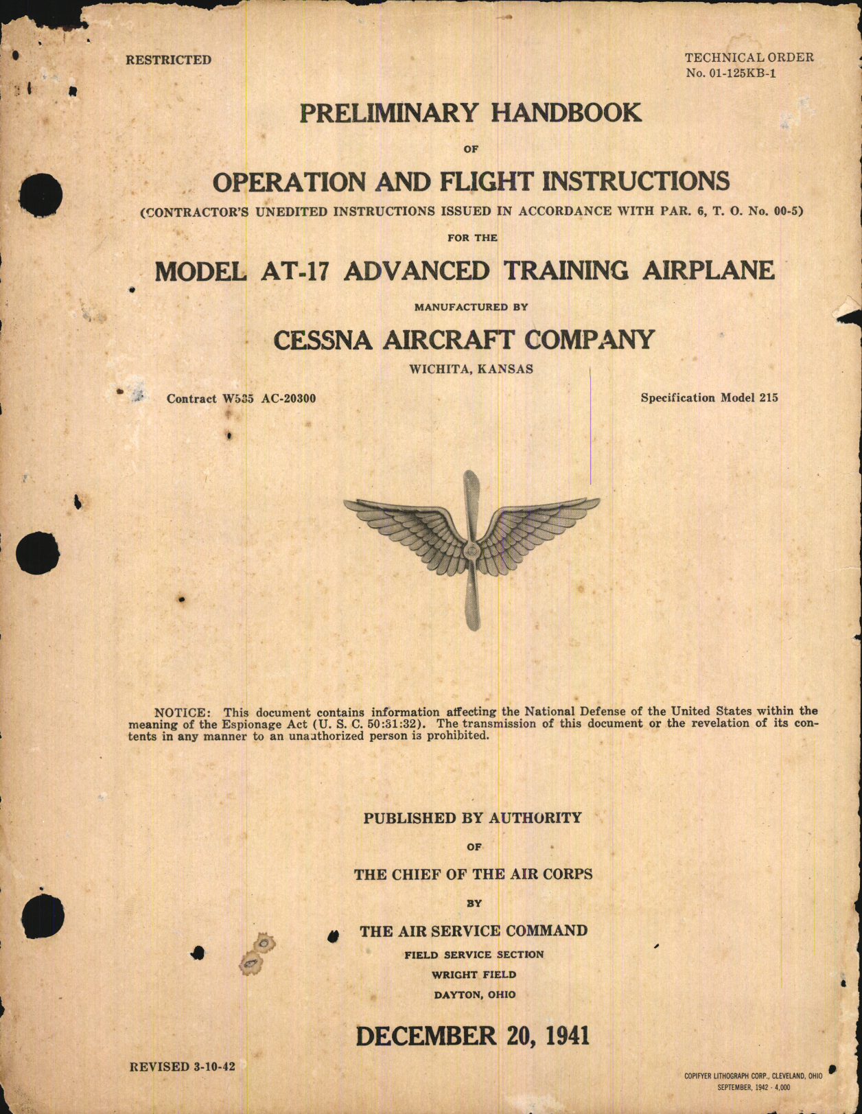 Sample page 1 from AirCorps Library document: Operation and Flight Instructions for Model AT-17 Advanced Training Airplane