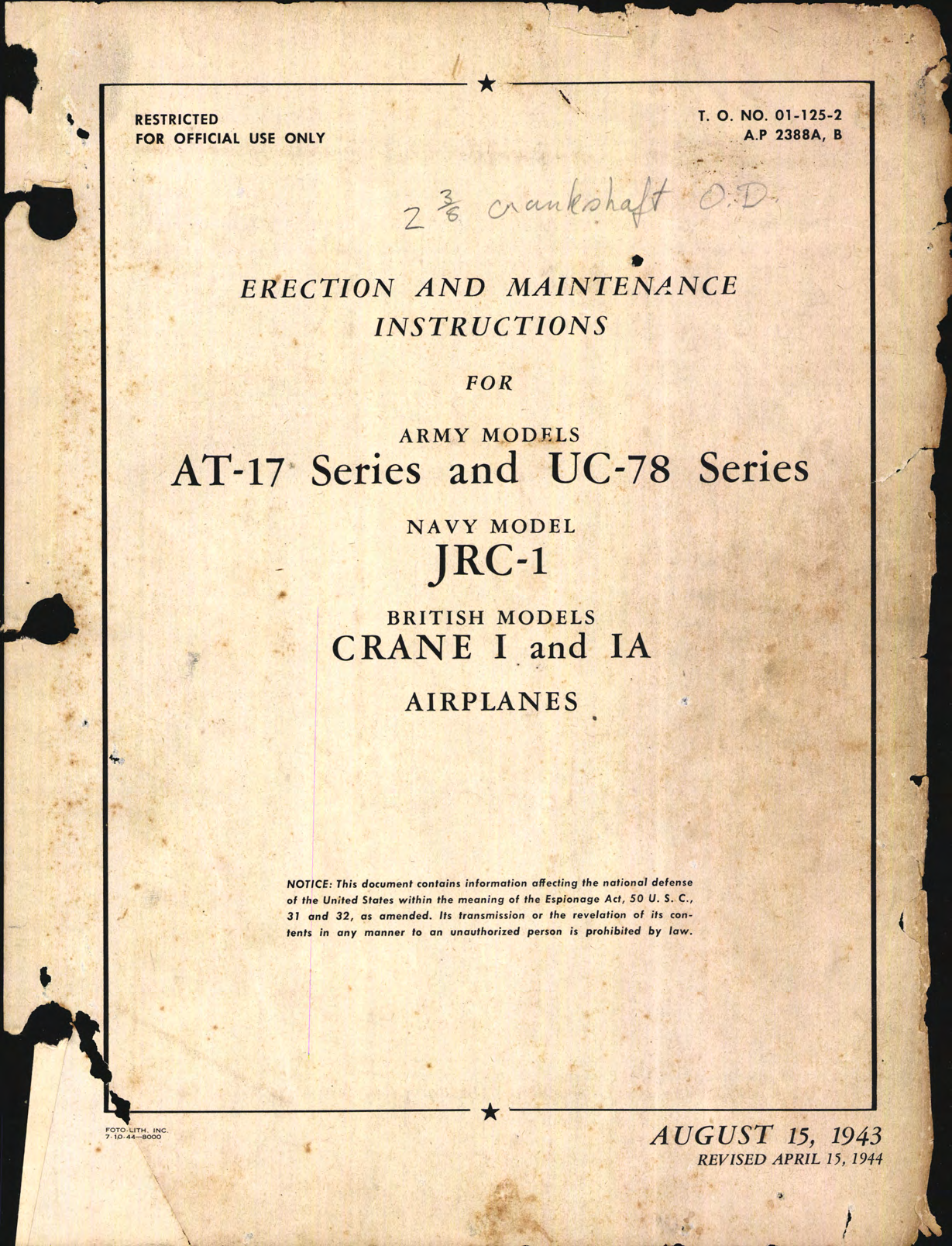 Sample page 1 from AirCorps Library document: Erection & Maintenance instructions for AT-17, UC-78, and JRC-1 Series (Crane I and IA)