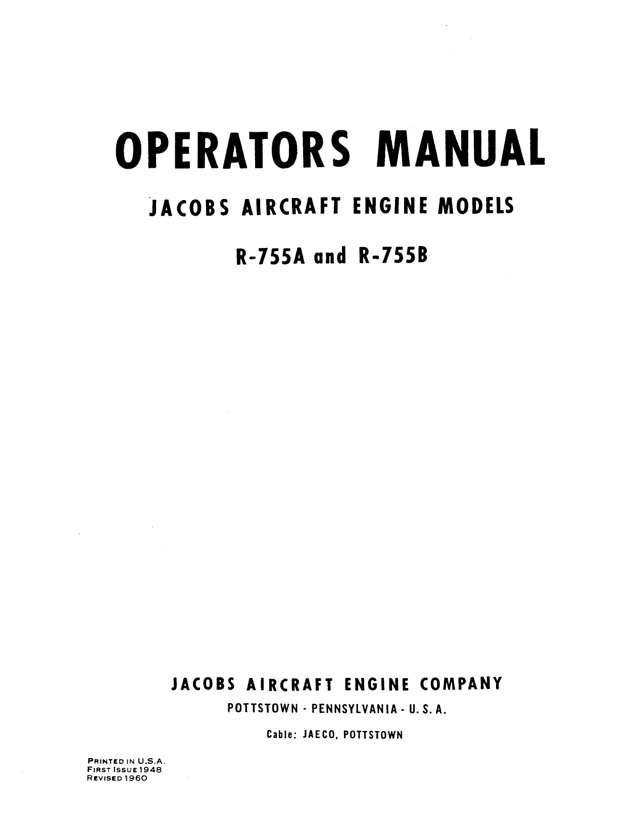 Sample page 1 from AirCorps Library document: Operators Manual for Jacobs Aircraft Engine Models R-755A and R-755B