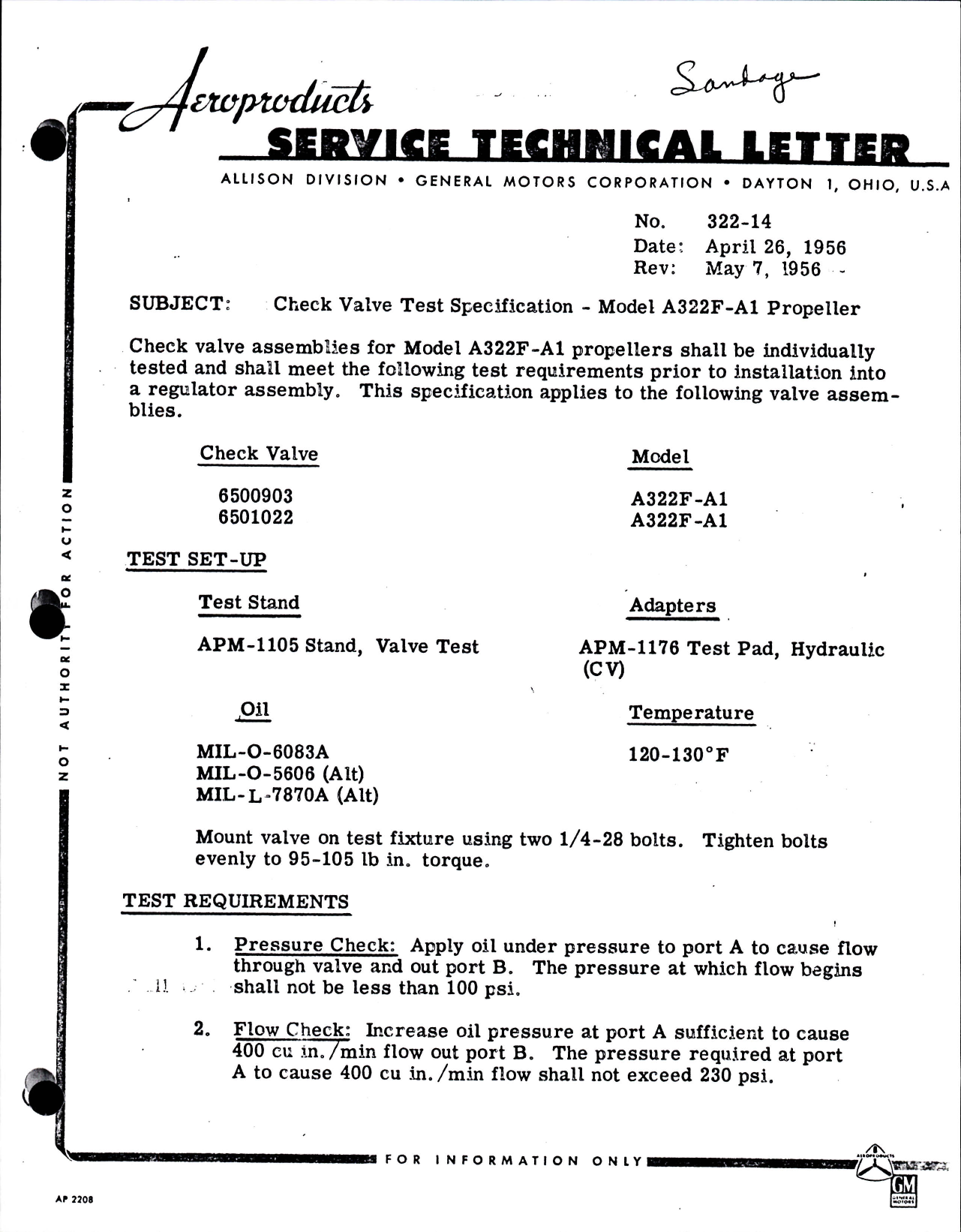 Sample page 1 from AirCorps Library document: Check Valve Test Specification for Model A322F-A1 Propeller