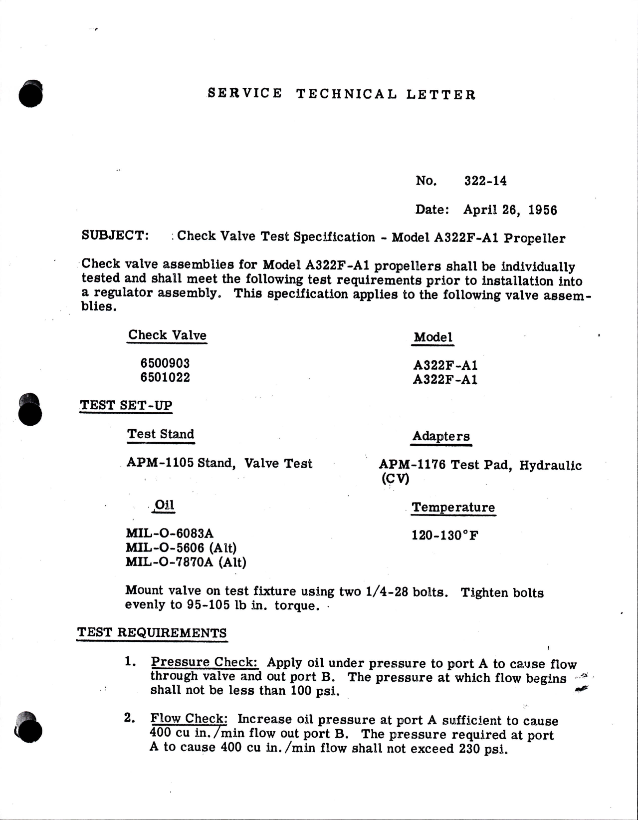 Sample page 1 from AirCorps Library document: Check Valve Test Specification for Model A322F-A1 Propeller