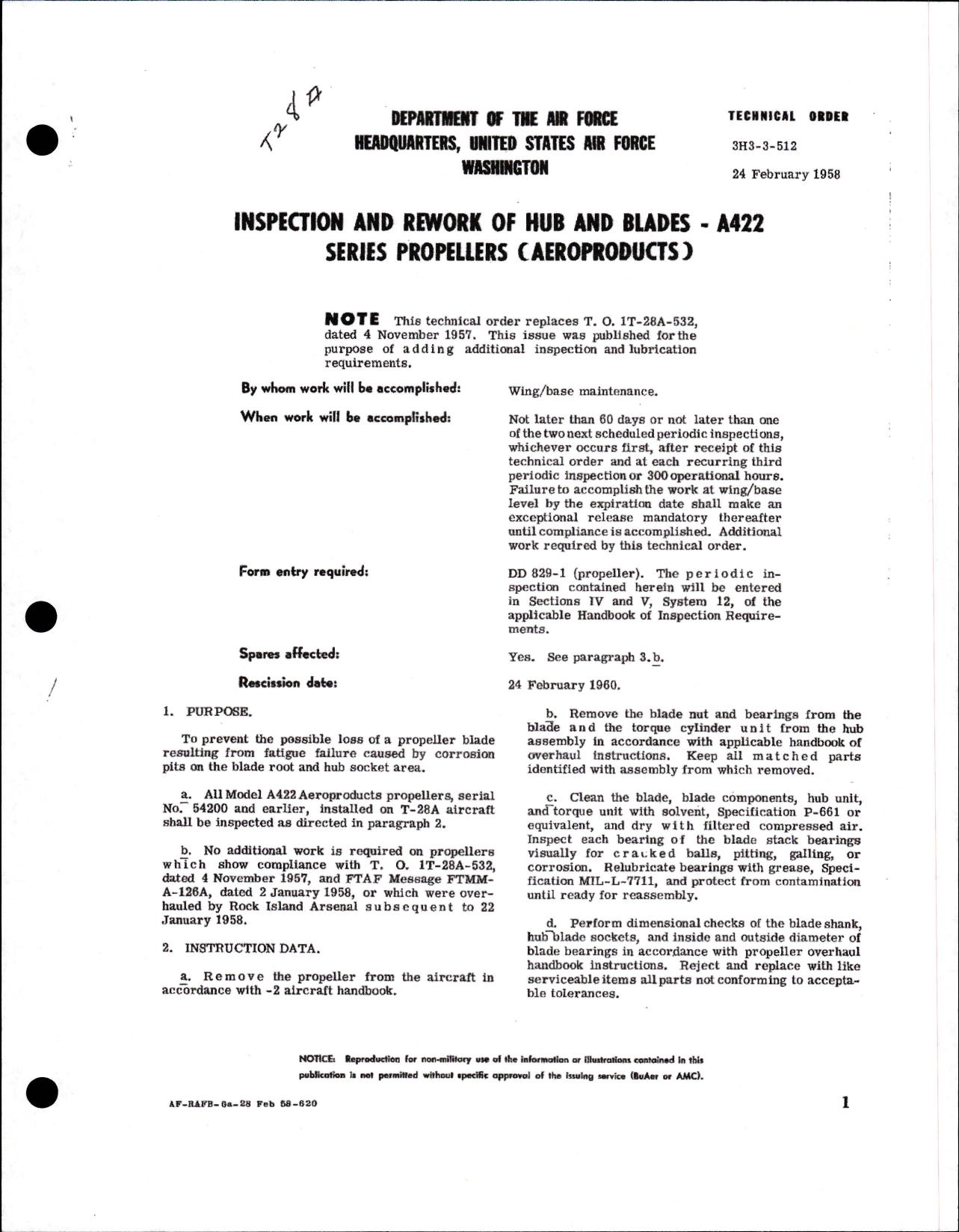 Sample page 1 from AirCorps Library document: Inspection and Rework of Hub and Blades for A422 Series Propellers 