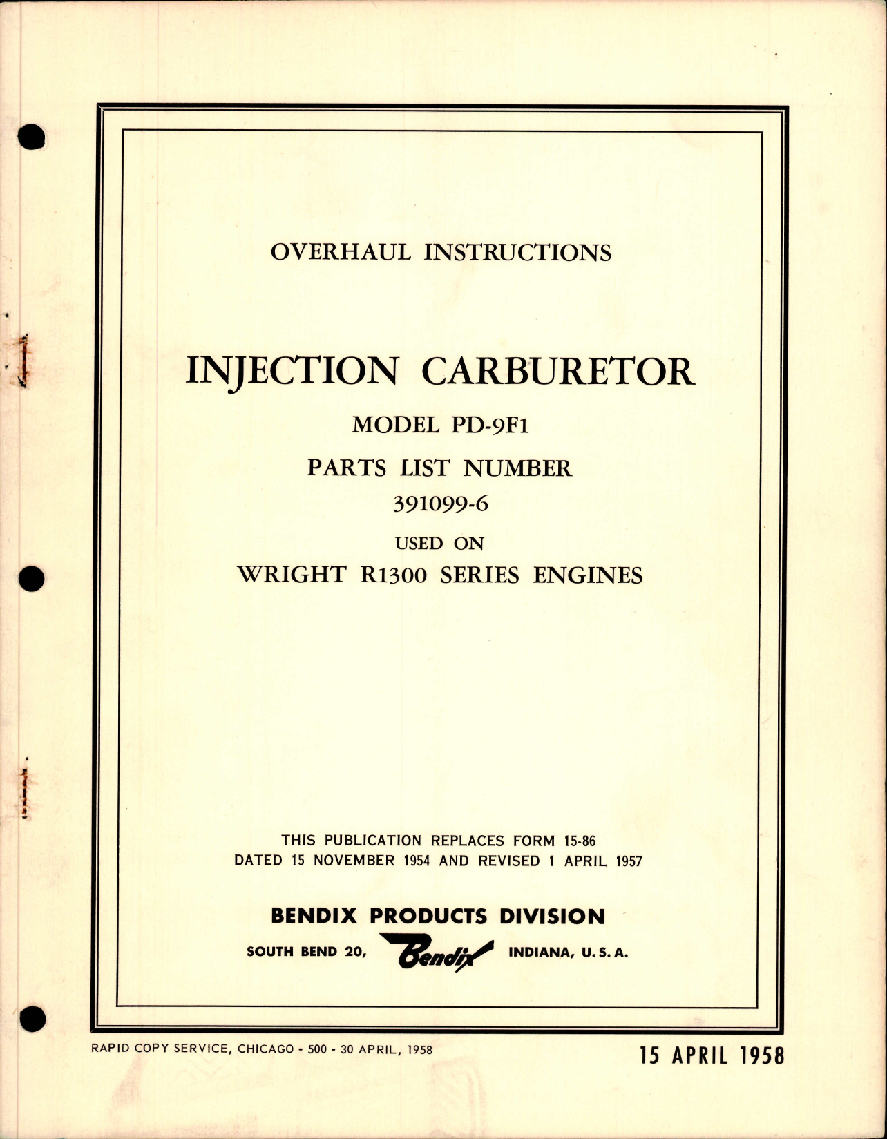 Sample page 1 from AirCorps Library document: Overhaul Instructions for Injection Carburetors Model PD-9F1 Used on R-1300 Engines