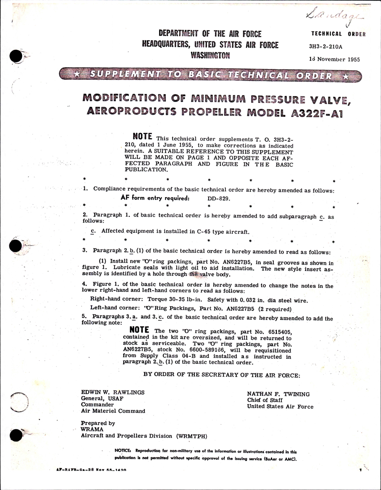 Sample page 1 from AirCorps Library document: Modification of Minimum Pressure Valve for Aeroproducts Propeller Model A422-E1 and A-422-E2