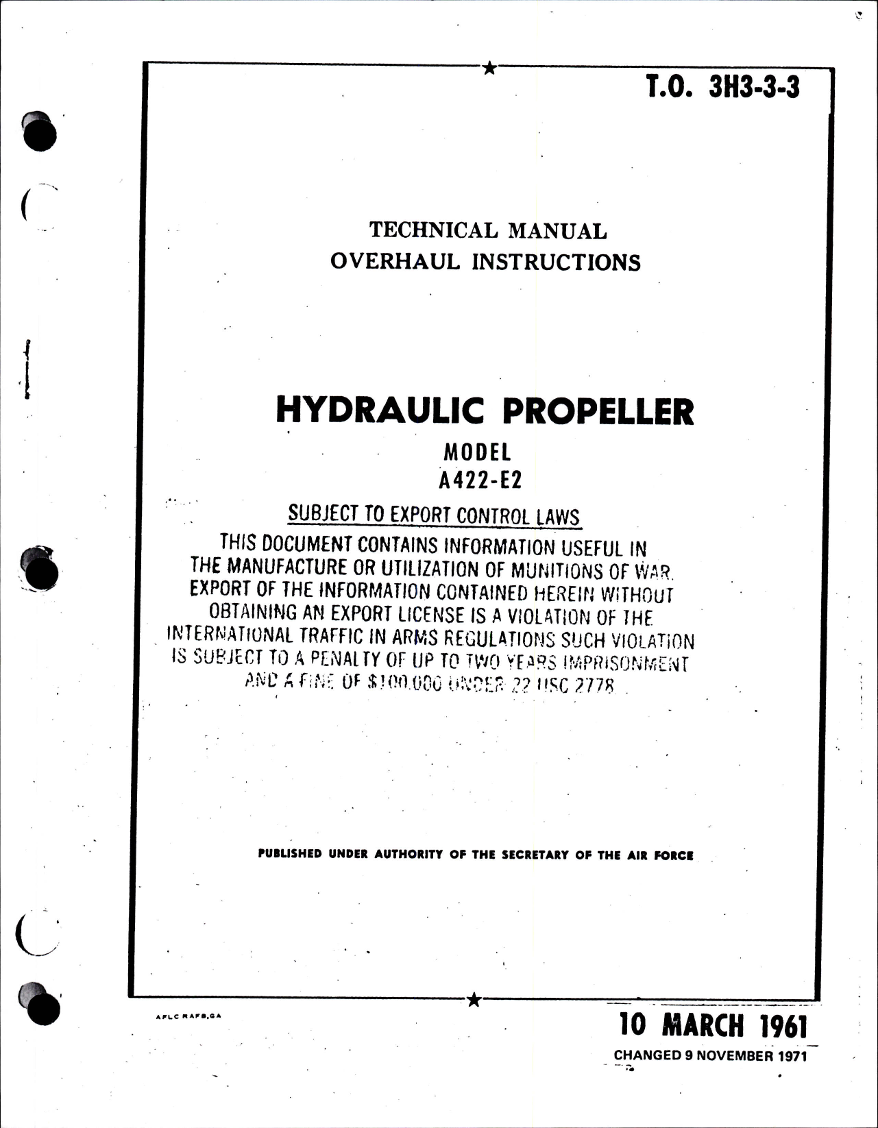 Sample page 1 from AirCorps Library document: Overhaul Instructions for Hydraulic Propeller Model A-422-E2