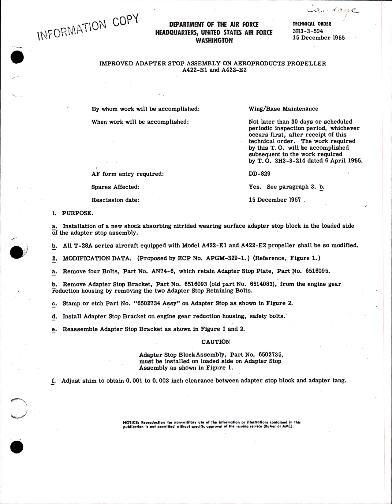 Sample page 1 from AirCorps Library document: Improved Adapter Stop Assembly on Aeroproducts Propeller A422-E1 and A422-E2