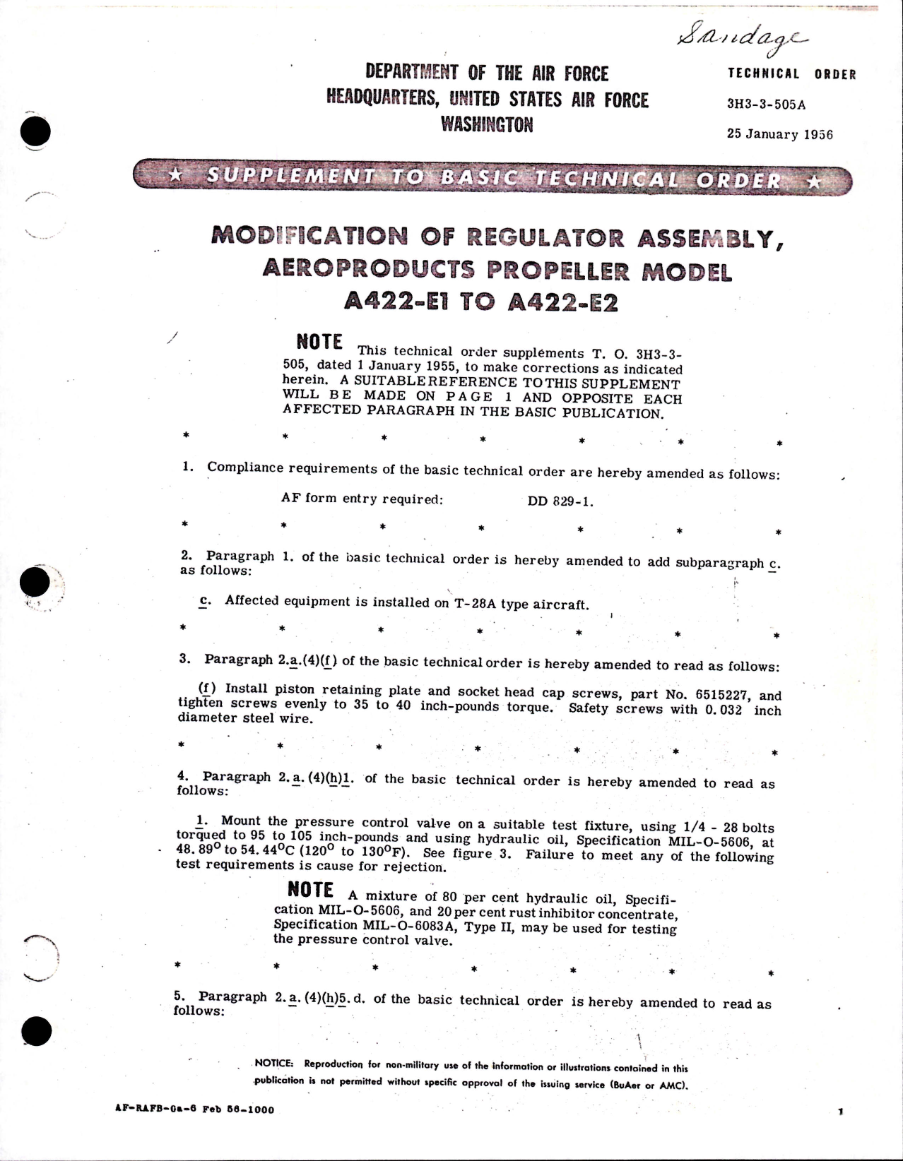 Sample page 1 from AirCorps Library document: Modification of Regulator Assembly for Aeroproducts Propeller Model A422-E1 to A422-E2