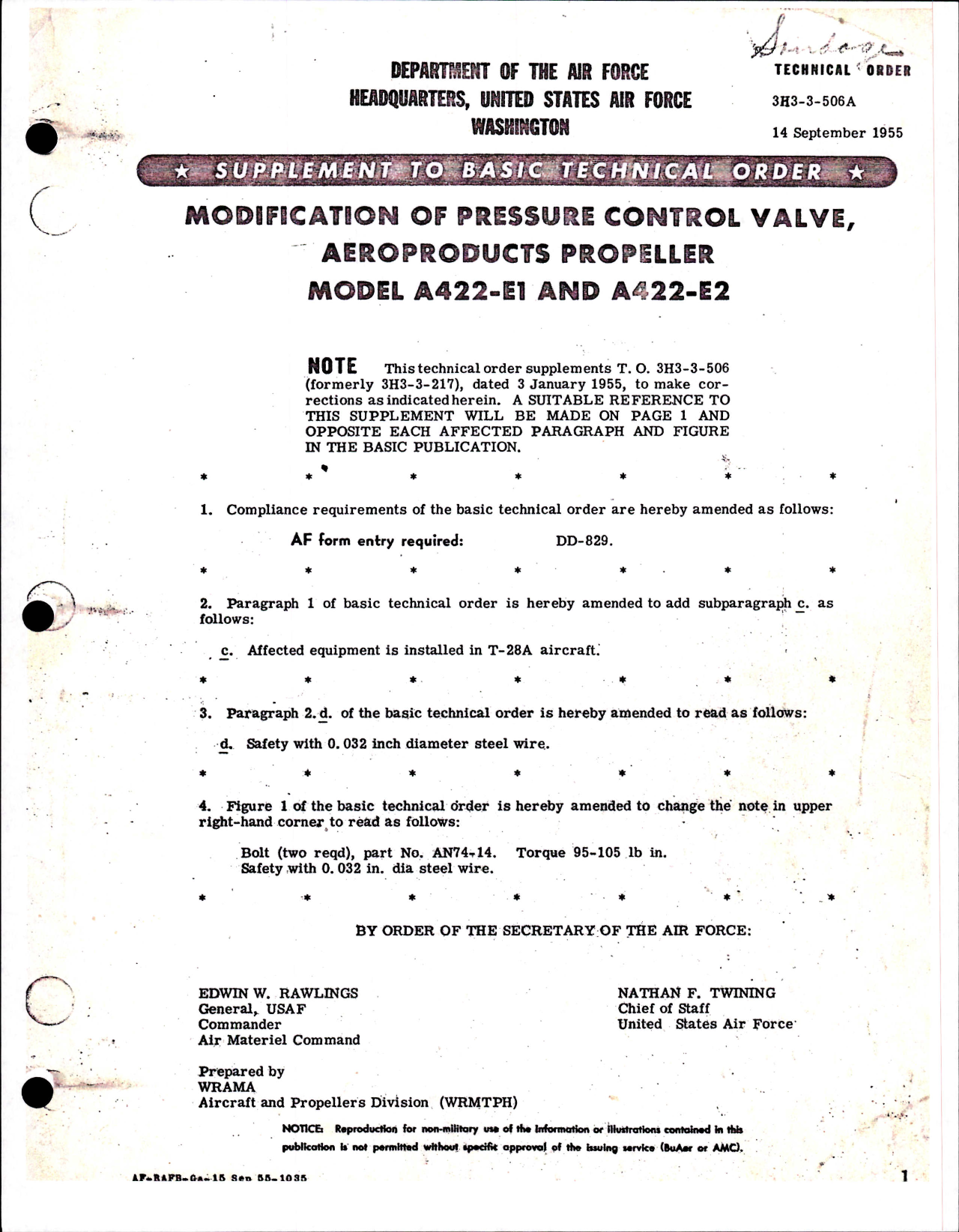 Sample page 1 from AirCorps Library document: Modification of Pressure Control Valve for Aeroproducts Propeller Model A422-E1 and A-422-E2