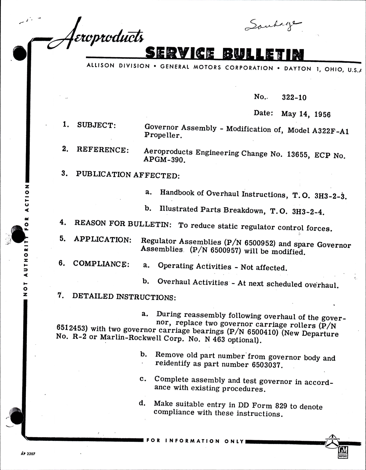 Sample page 1 from AirCorps Library document: Governor Assembly Modification of Model A322F-A1 Propeller