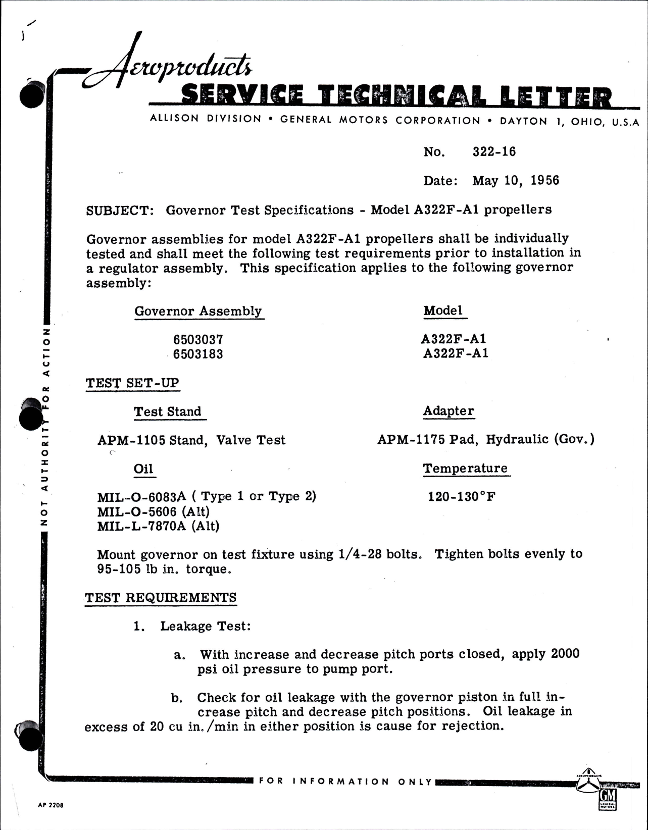 Sample page 1 from AirCorps Library document: Governor Test Specifications for Model A322F-A1 Propellers