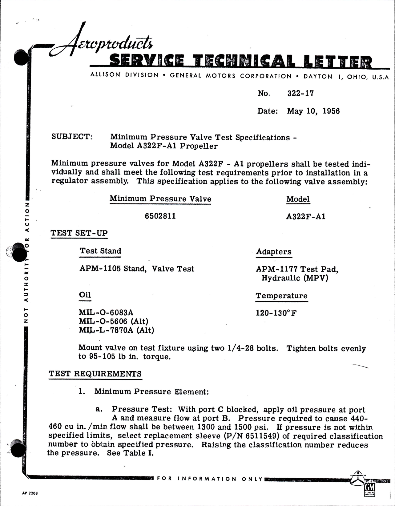 Sample page 1 from AirCorps Library document: Minimum Pressure Valve Test Specifications for Model A322F-A1 Propeller