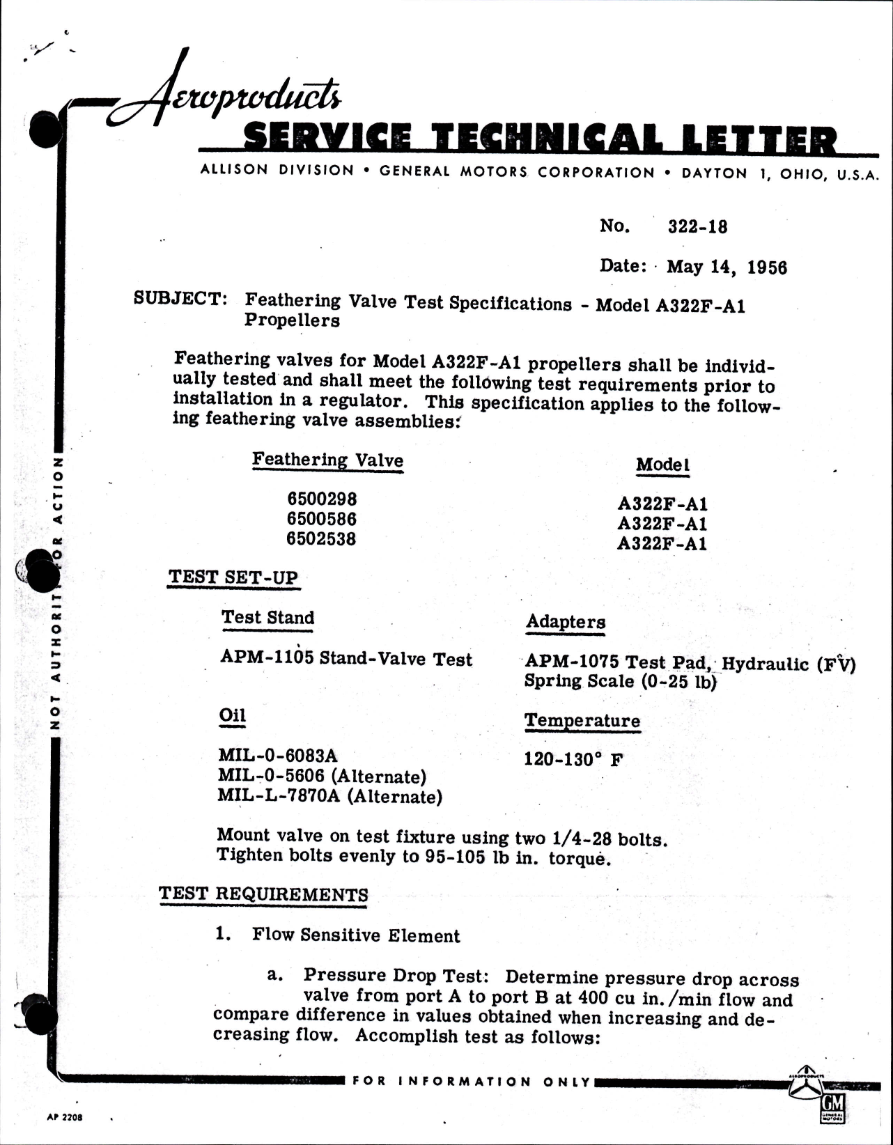 Sample page 1 from AirCorps Library document: Feathering Valve Test Specifications for Model A322F-A1 Propellers