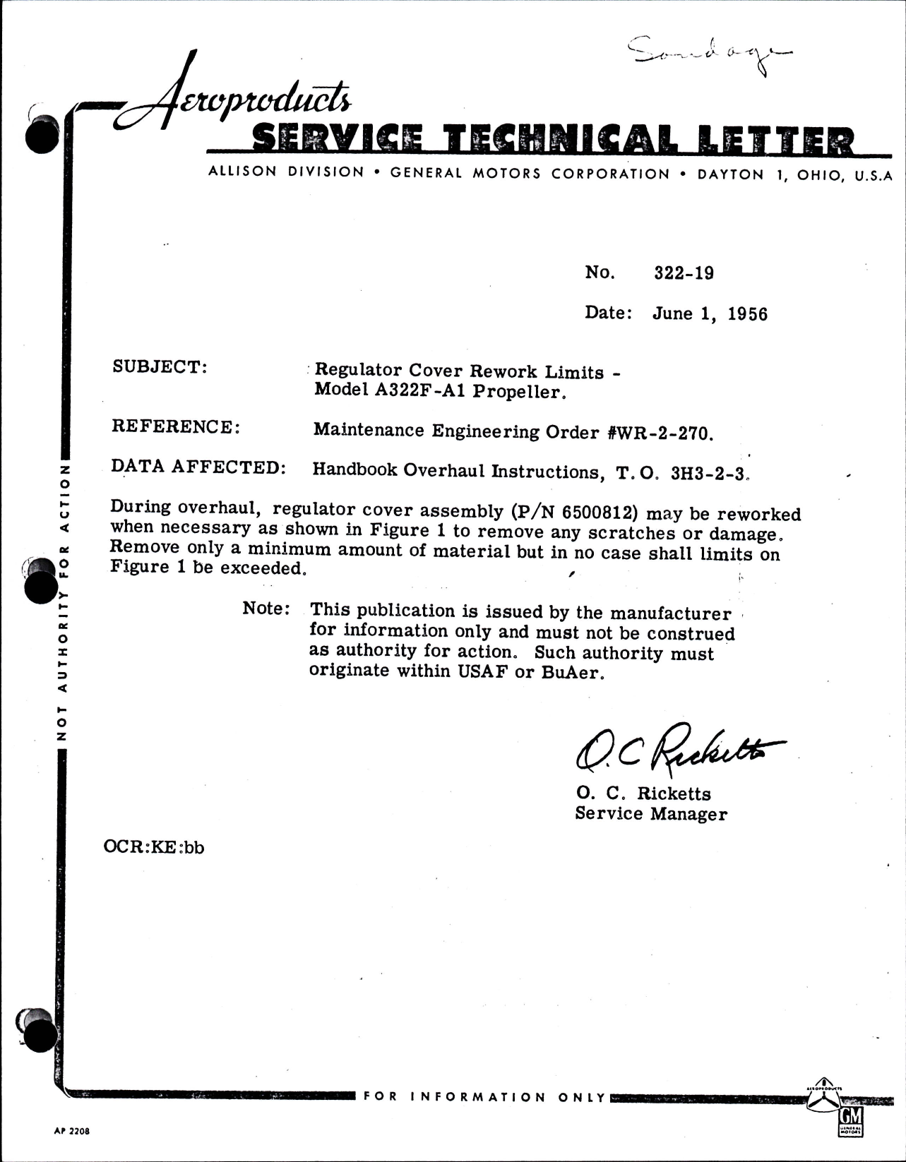 Sample page 1 from AirCorps Library document: Regulator Cover Rework Limits for Model A322F-A1 Propeller