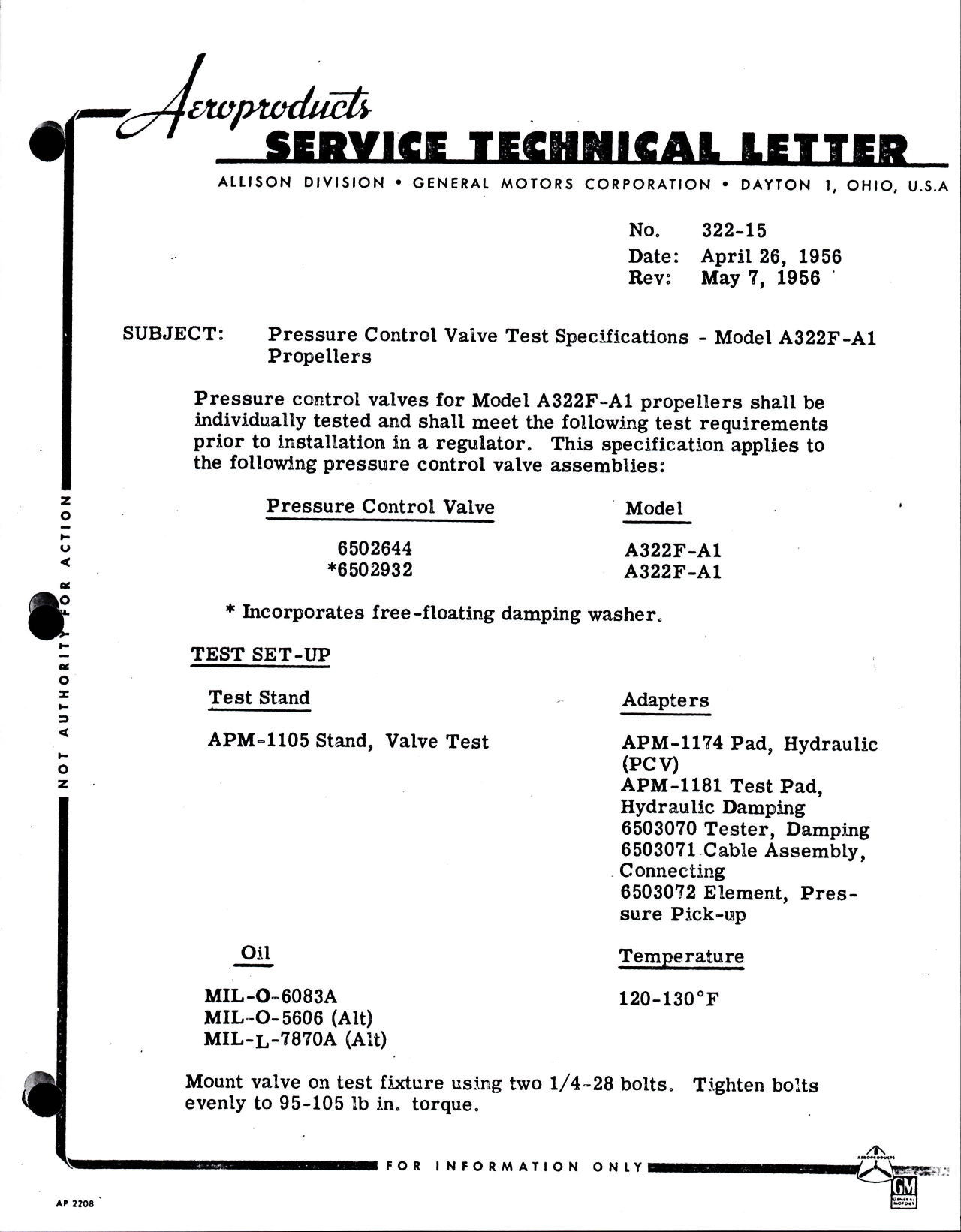 Sample page 1 from AirCorps Library document: Pressure Control Valve Test Specifications for Model A322F-A-1 Propellers