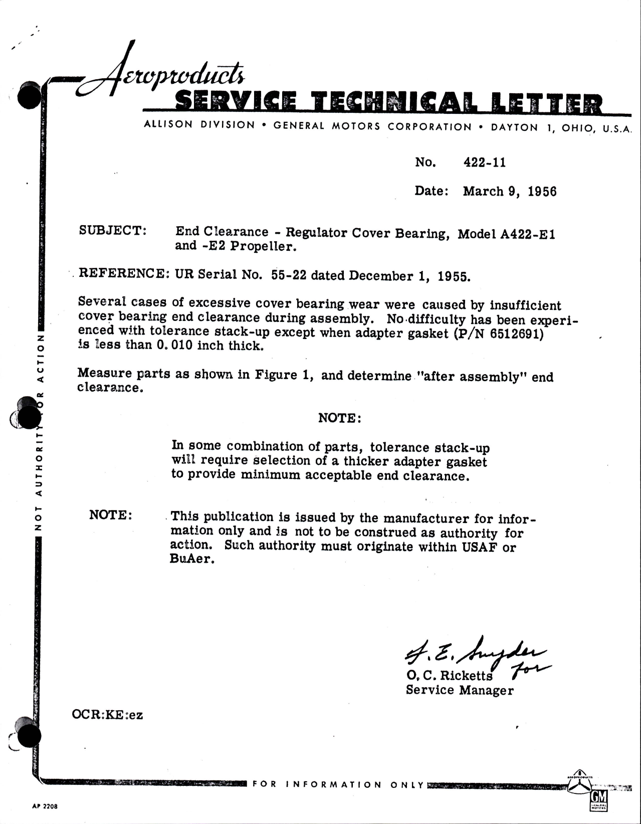 Sample page 1 from AirCorps Library document: End Clearance Regulator Cover Bearing for Model A422-E1 and -E2 Propeller