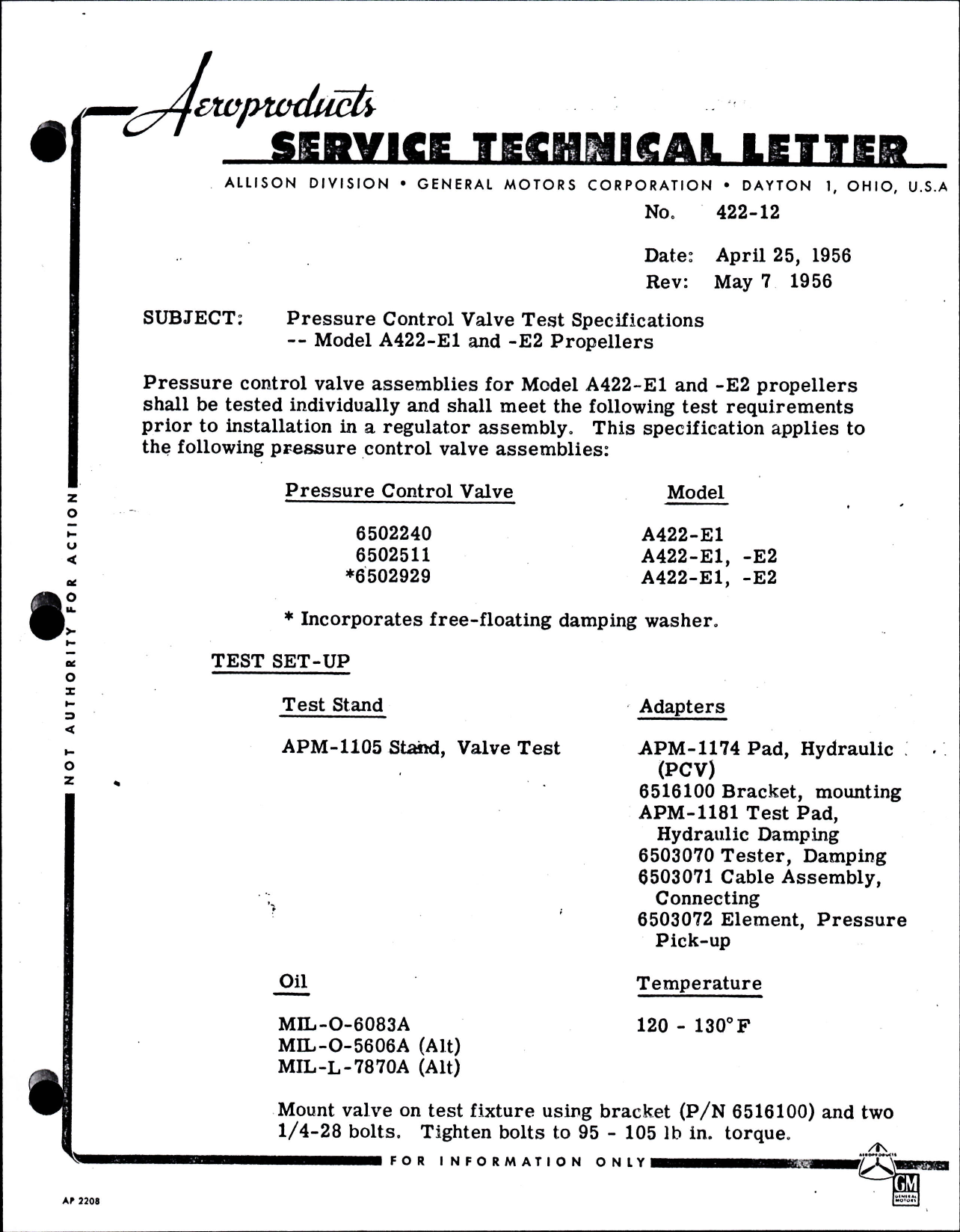 Sample page 1 from AirCorps Library document: Pressure Control Valve Test Specifications for Model A422-E1 and -E2 Propellers