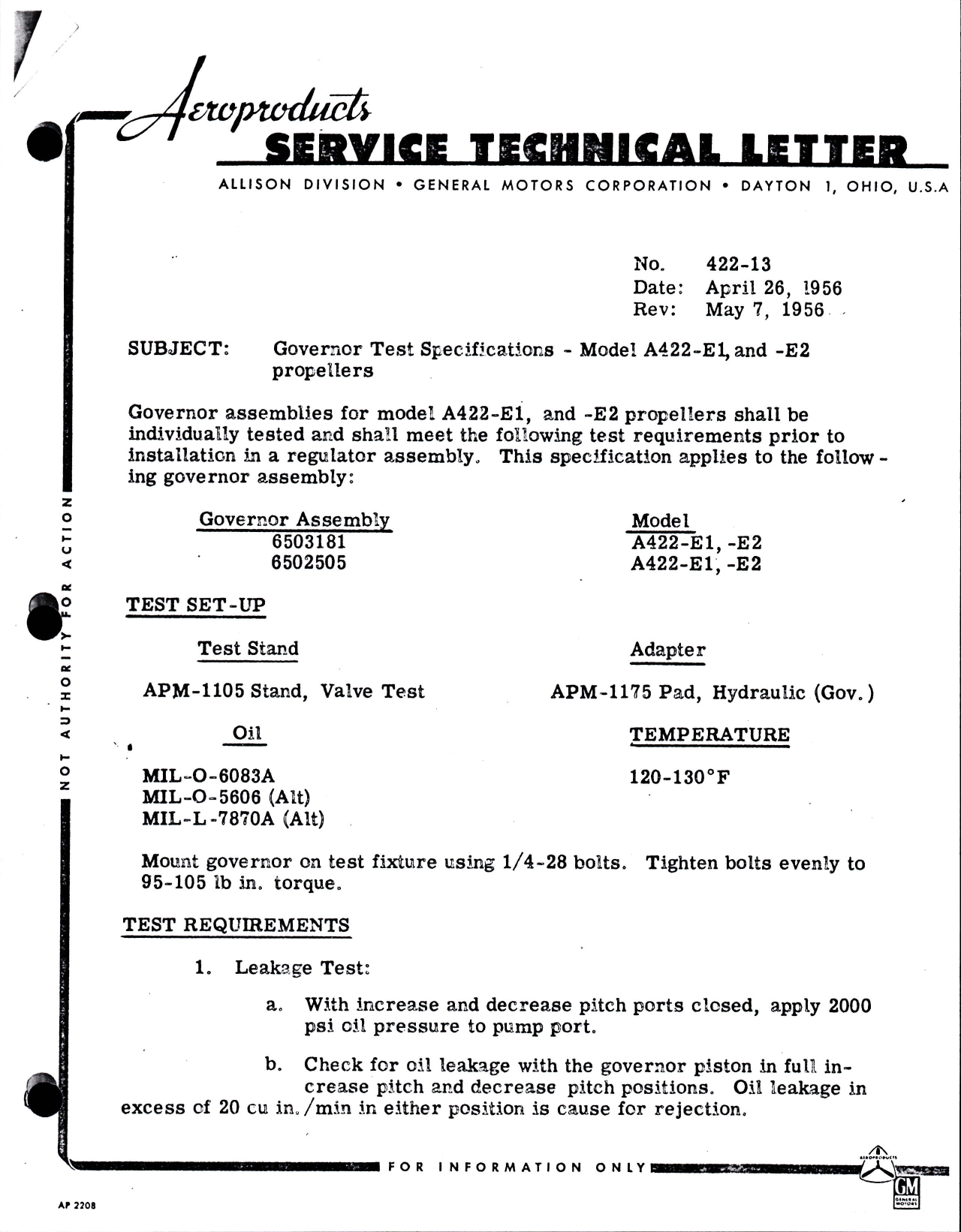 Sample page 1 from AirCorps Library document: Governor Test Specifications for Model A422-E1 and -E2 Propellers