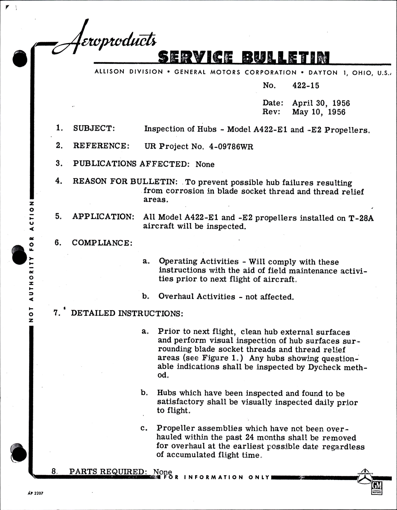 Sample page 1 from AirCorps Library document: Inspection of Hubs for Model A422-E1 and -E2 Propellers