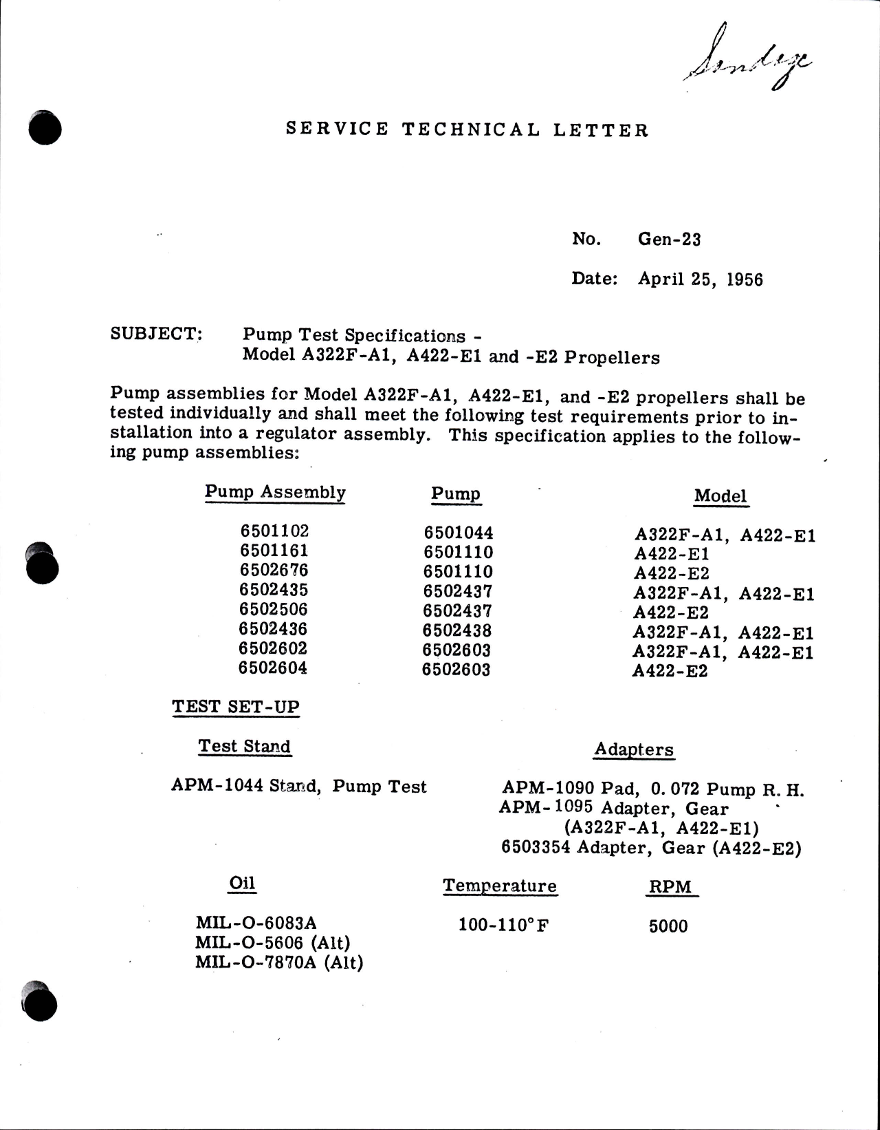 Sample page 1 from AirCorps Library document: Pump Test Specifications for Model A322F-A1, A422-E1 and A422-E2 Propellers