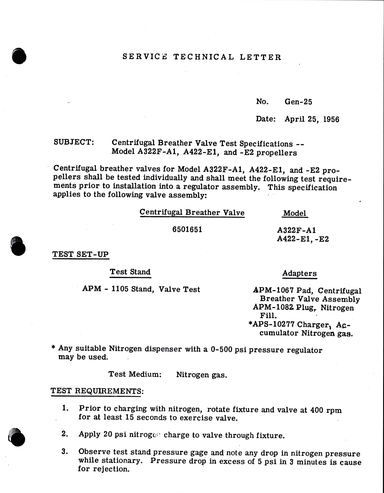 Sample page 1 from AirCorps Library document: Centrifugal Breather Valve Test Specifications for Model A322F-A1, A422-E1 and A422-E2 Propellers