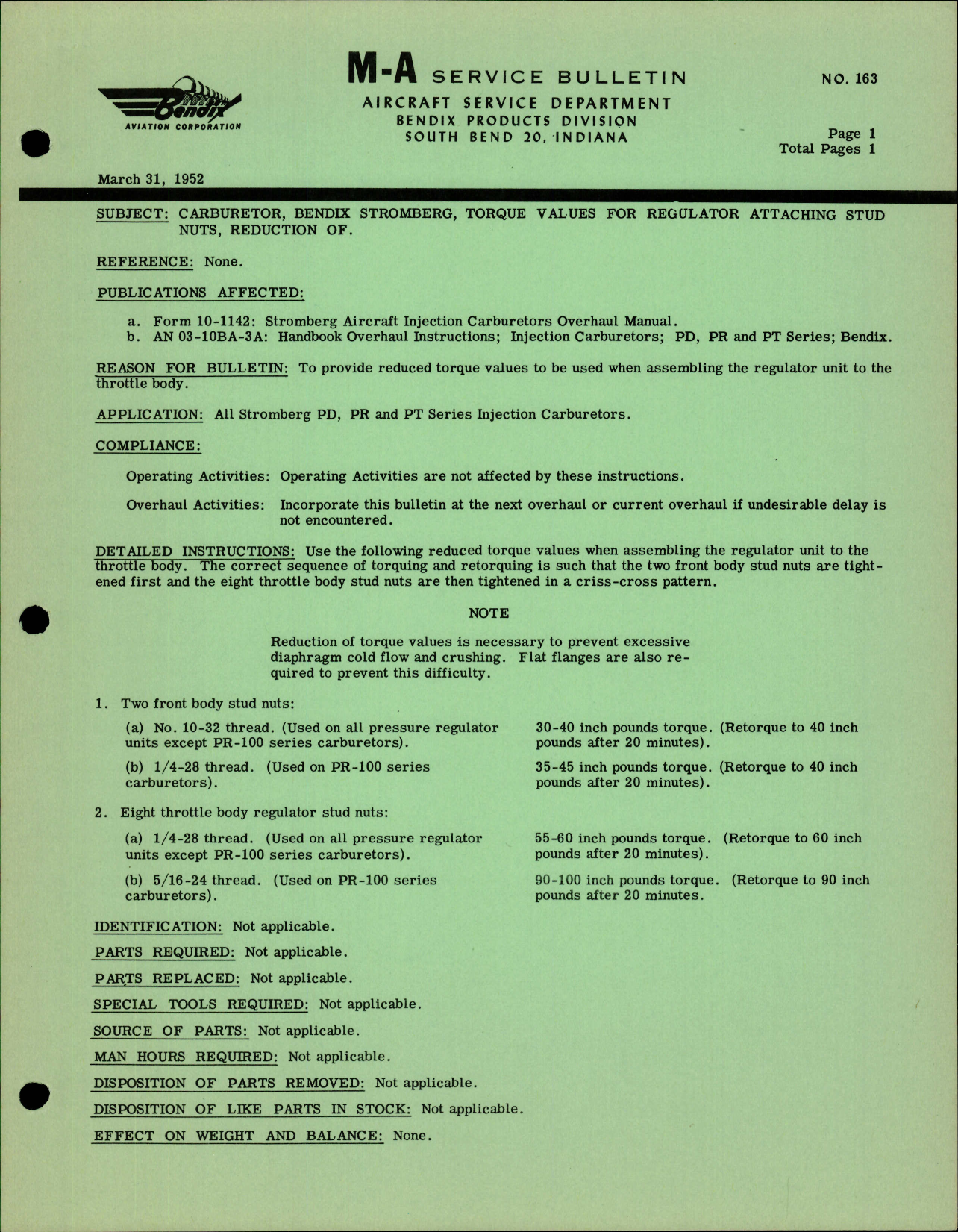 Sample page 1 from AirCorps Library document: Carburetor, Bendix Stromberg, Torque Valves for Regulator Attaching Stud Nuts, Reduction 