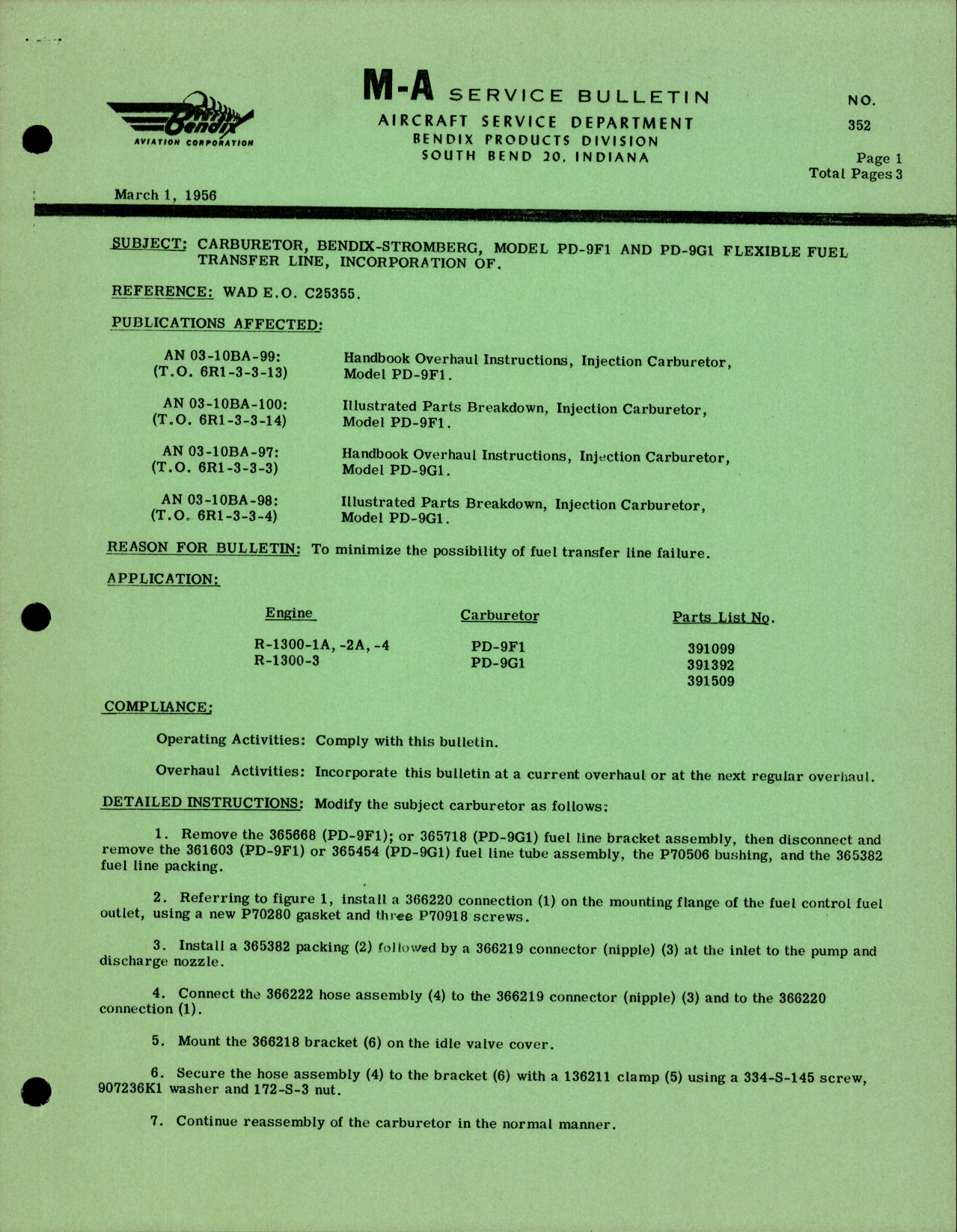 Sample page 1 from AirCorps Library document: Carburetor, Bendix Stromberg, Model PD-9F1 and PD-9G1 Flexible Fuel Transfer Line, Incorporation 