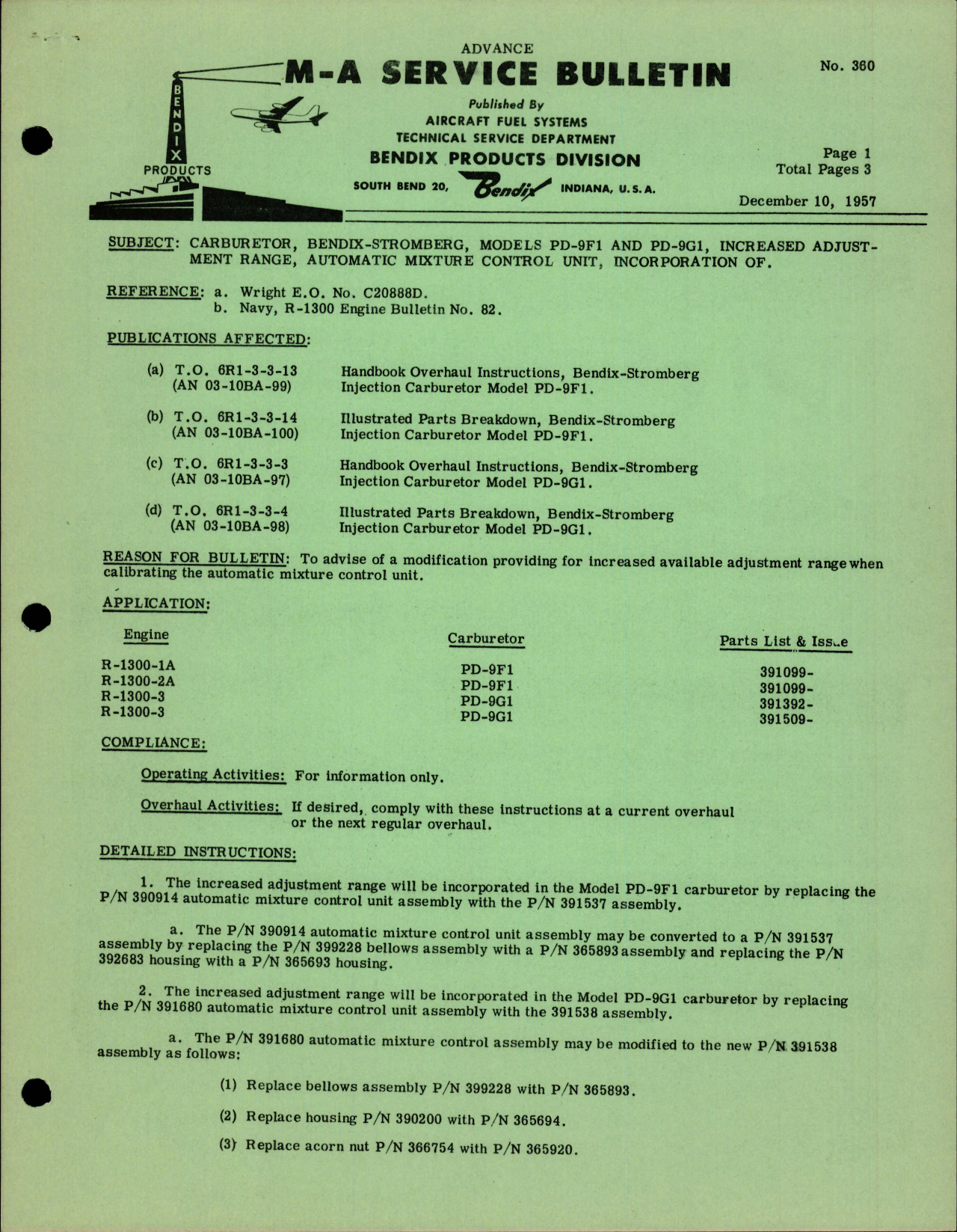 Sample page 1 from AirCorps Library document: Carburetor, Bendix Stromberg, Models PD-9F1 and PD-9G1, Increased Adjustment Range, Automatic Mixture Control Unit, Incorporation