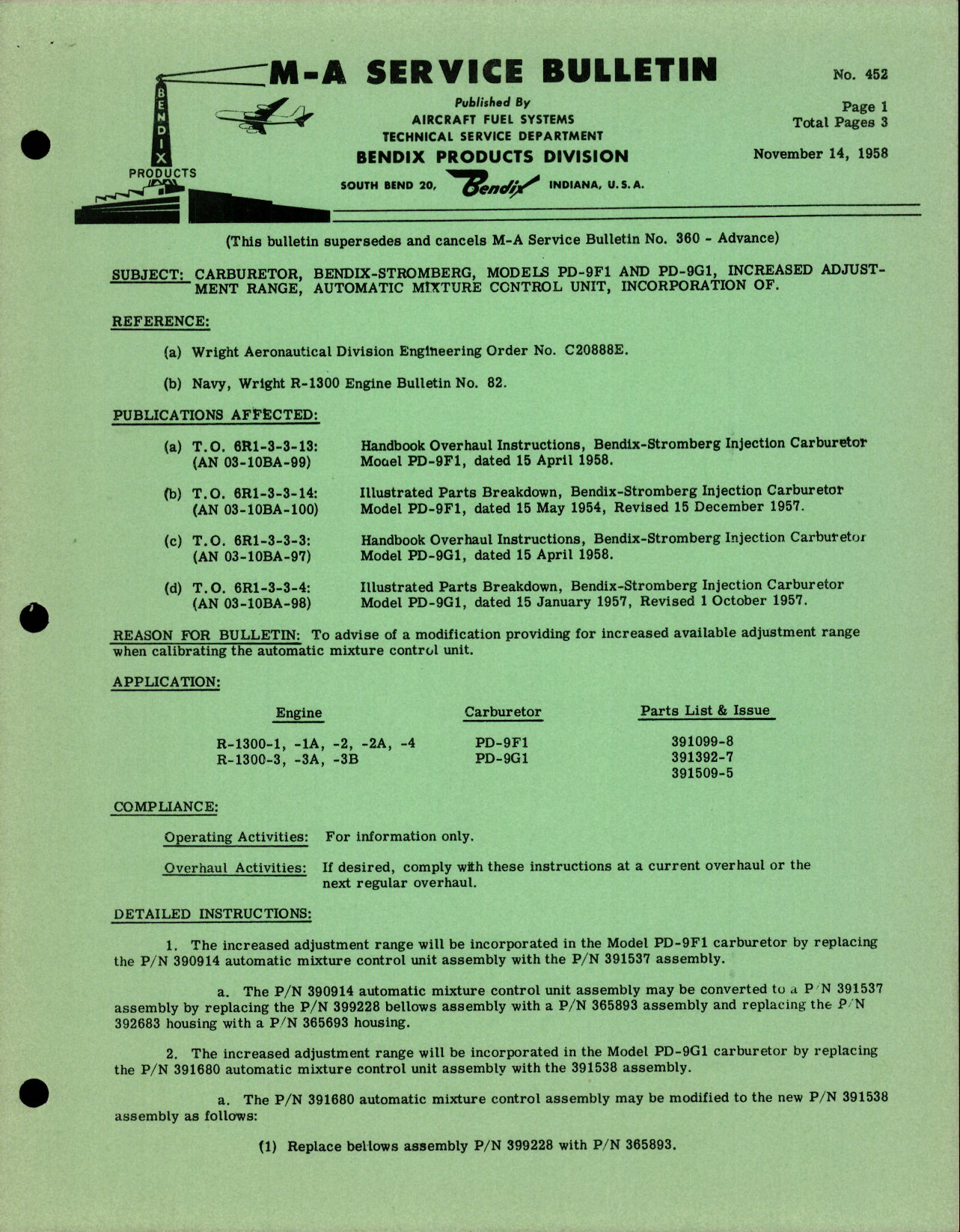 Sample page 1 from AirCorps Library document: Carburetor, Bendix Stromberg, Model PD-9F1 and PD-9G1, Increased Adjustment Range, Automatic Mixture Control Unit, Incorporation 