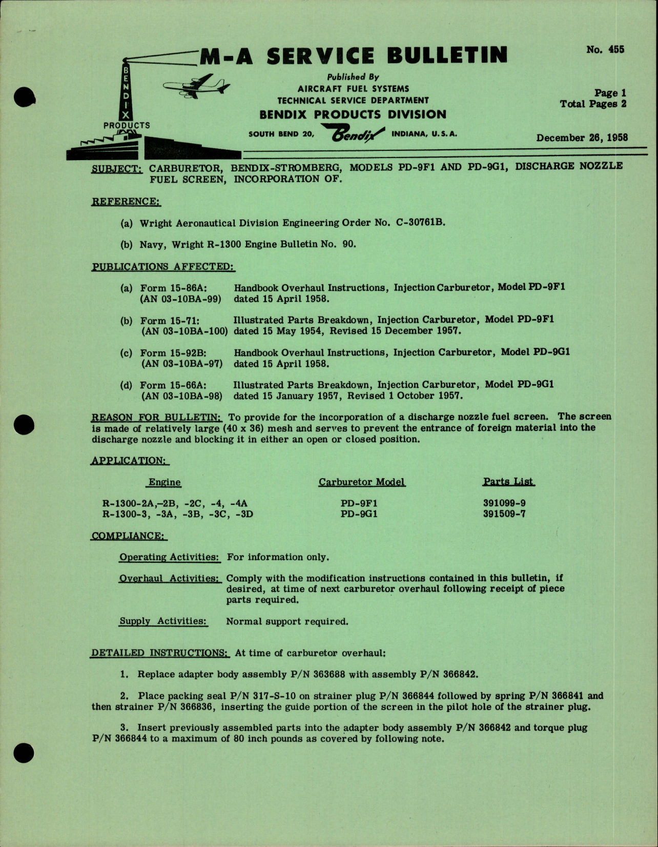 Sample page 1 from AirCorps Library document: Carburetor, Bendix Stromberg, Model PD-9F1 and PD-9G1, Discharge Nozzle Fuel Screen, Incorporation