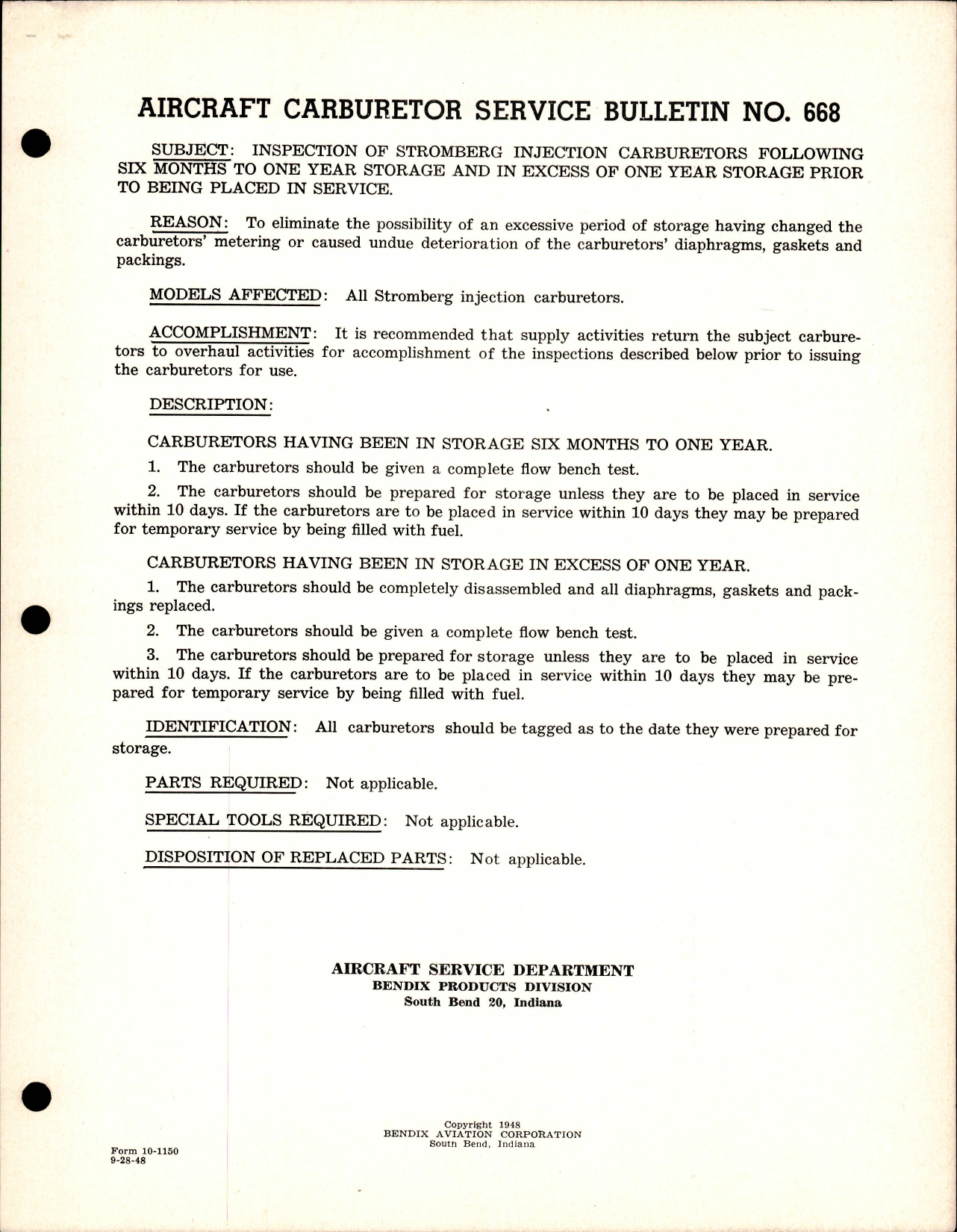 Sample page 1 from AirCorps Library document: Inspection of Stromberg Injection Carburetors Following Six Months to One Year Storage and in Excess of One Year Storage Prior to Being Placed in Service