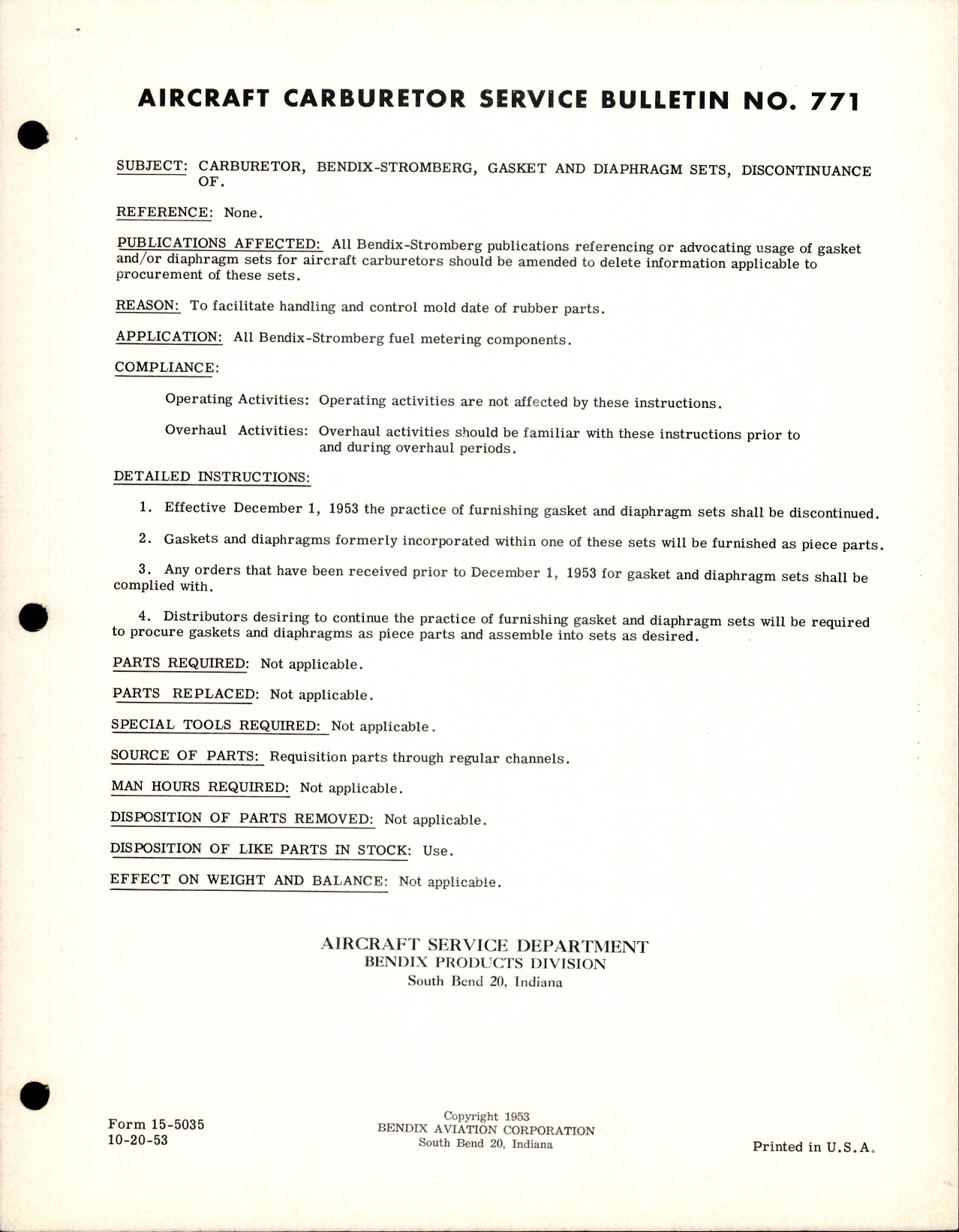 Sample page 1 from AirCorps Library document: Carburetor, Bendix Stromberg, Gasket and Diaphragm Sets, Discontinuance