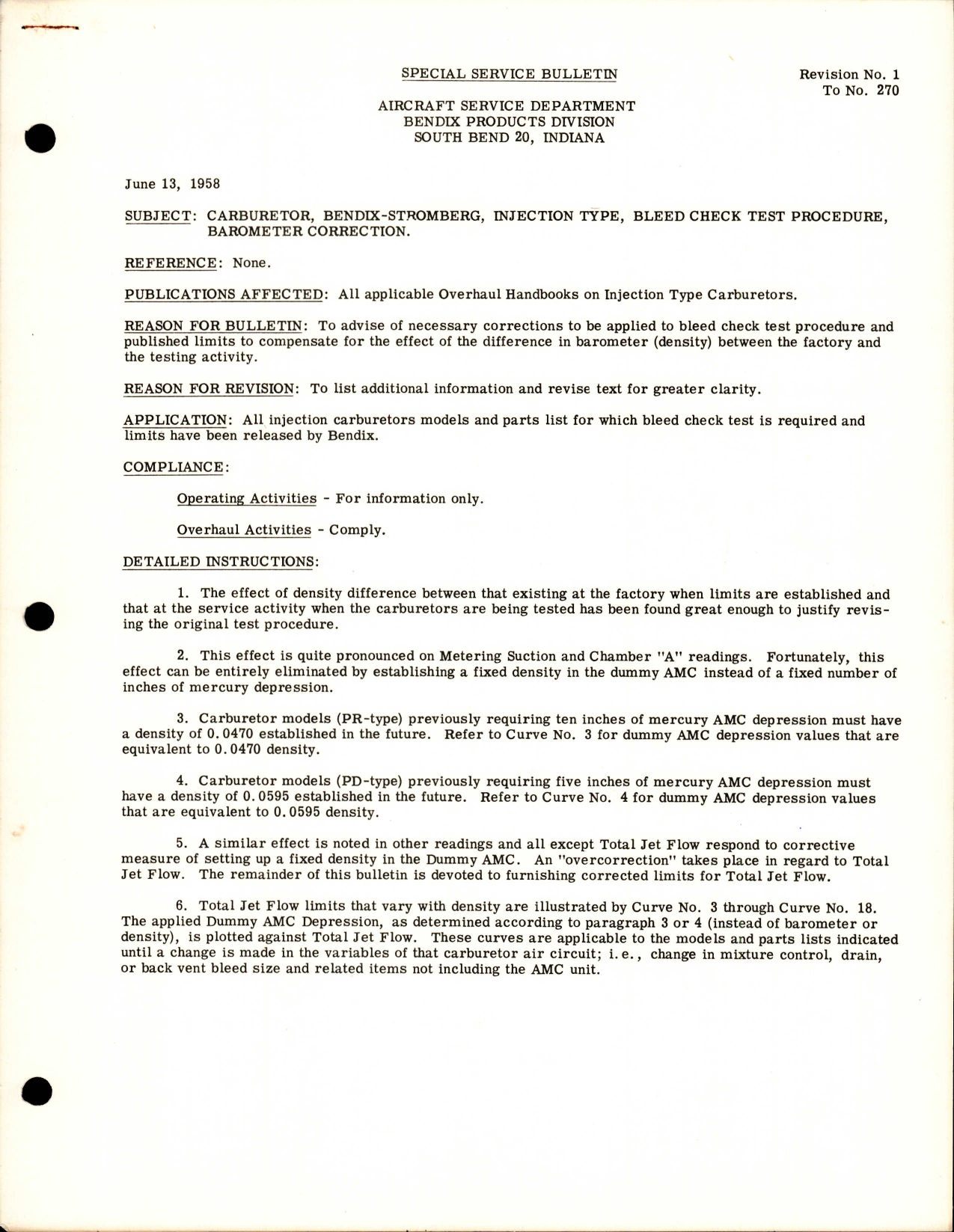 Sample page 1 from AirCorps Library document: Carburetor, Bendix Stromberg, Injection Type, Bleed Check Test Procedure, Barometer Correction