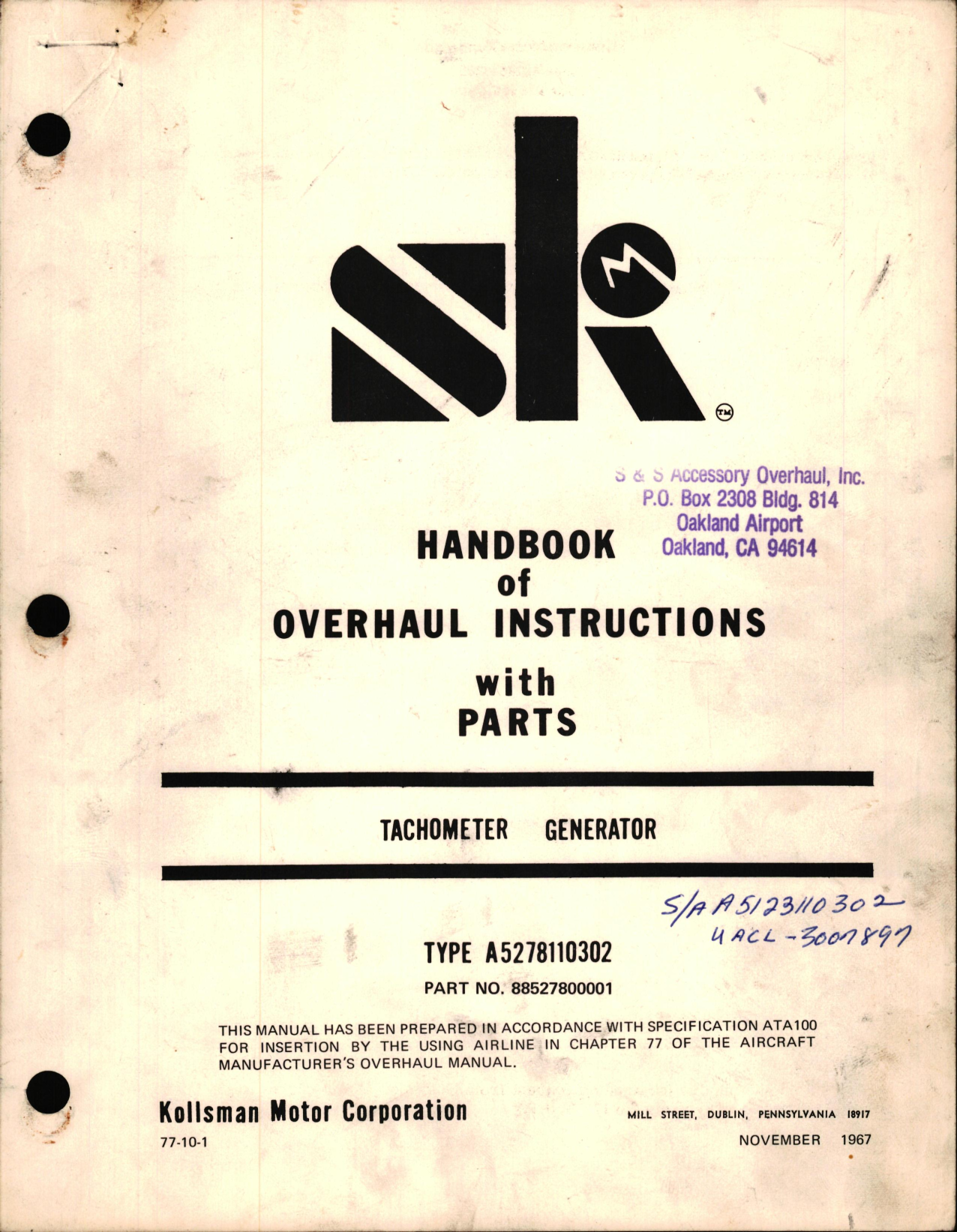 Sample page 1 from AirCorps Library document: Overhaul Instructions with Parts for Tachometer Generator - Type A5278110302 