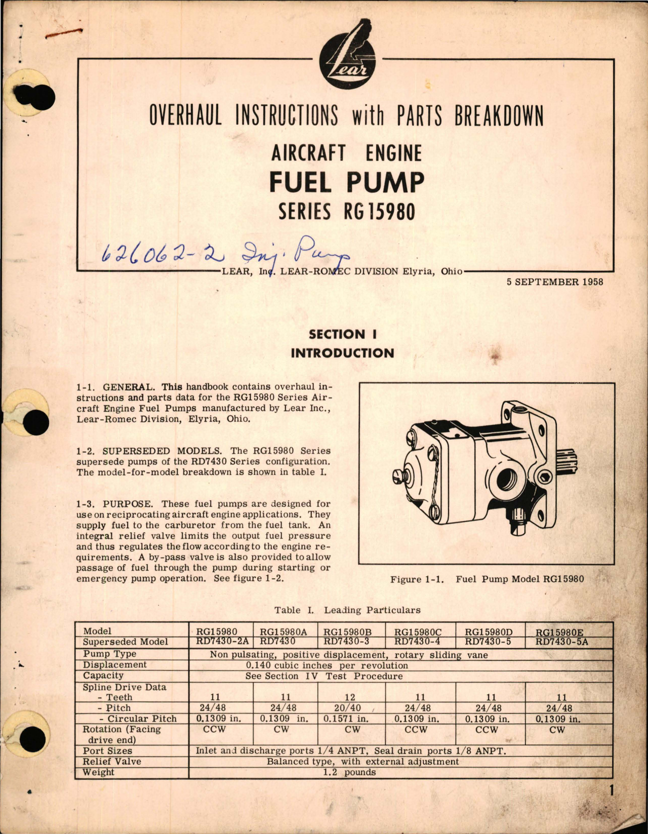 Sample page 1 from AirCorps Library document: Overhaul Instructions with Parts Breakdown for Aircraft Engine Fuel Pump - Series RG15980 