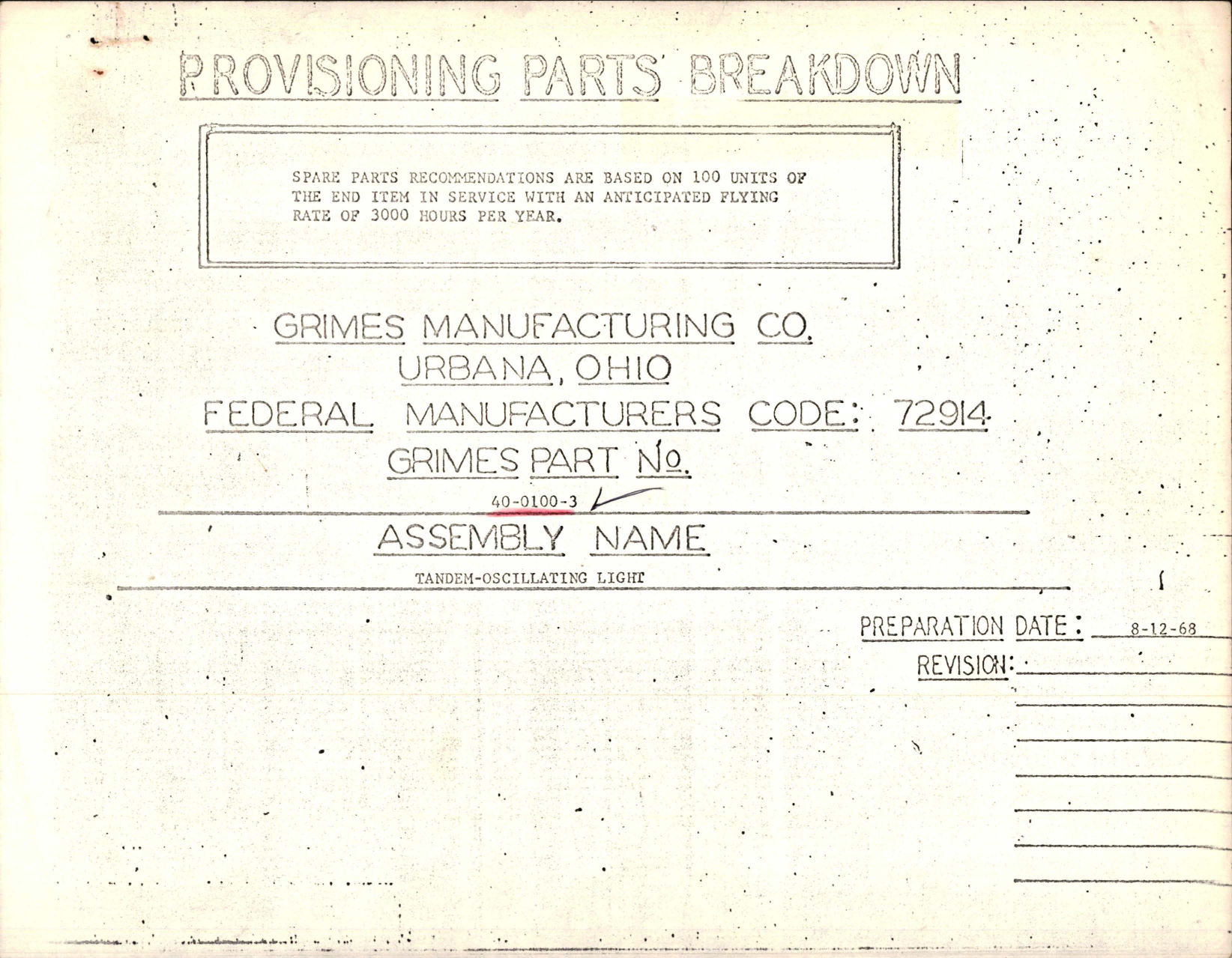 Sample page 1 from AirCorps Library document: Parts Breakdown for Tandem-Oscillating Light - Grimes Part 40-0100-3 